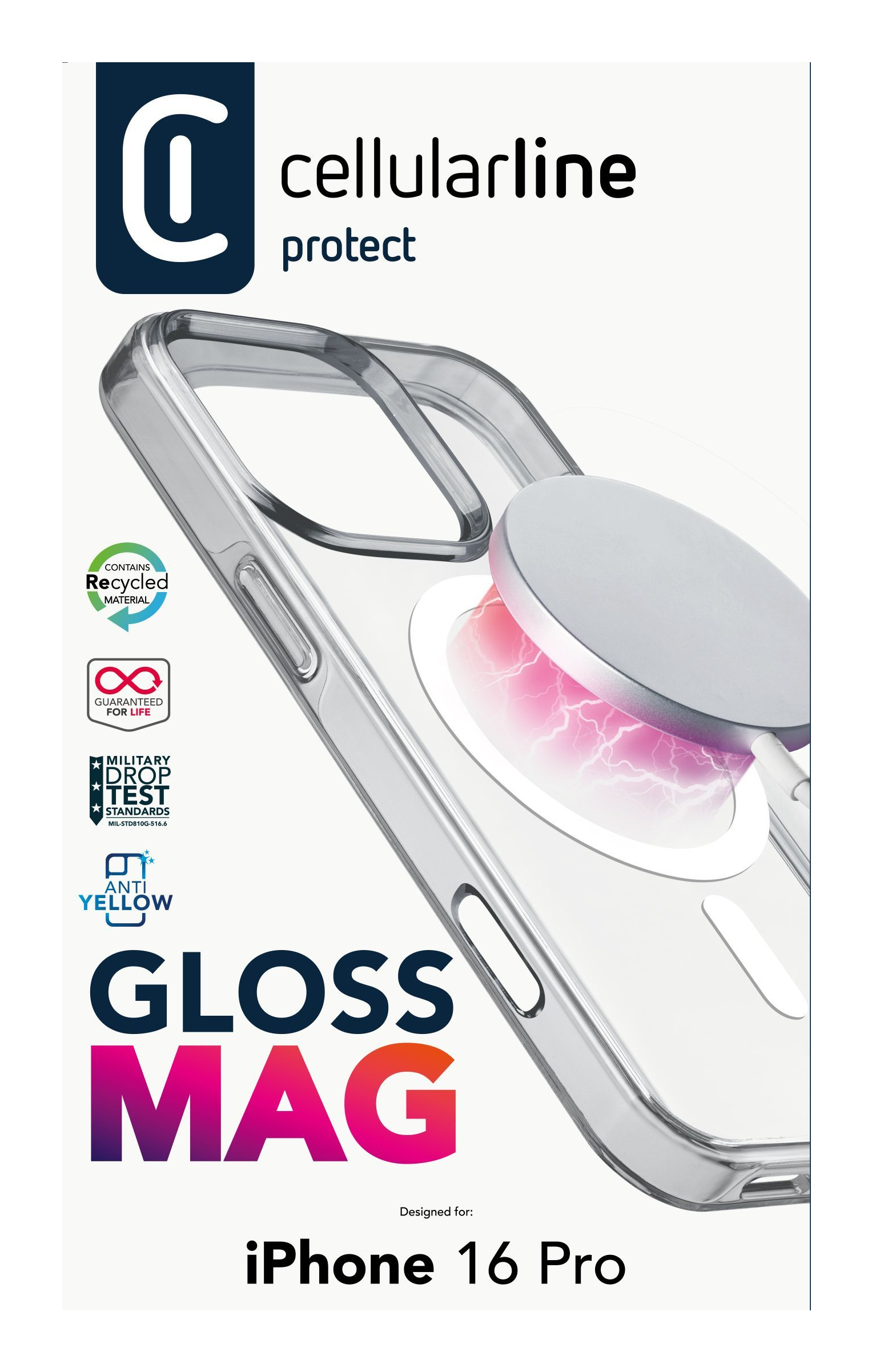 Custodia Cellularline Gloss Mag iPhone 16 Pro con anello magnetico su sfondo bianco.