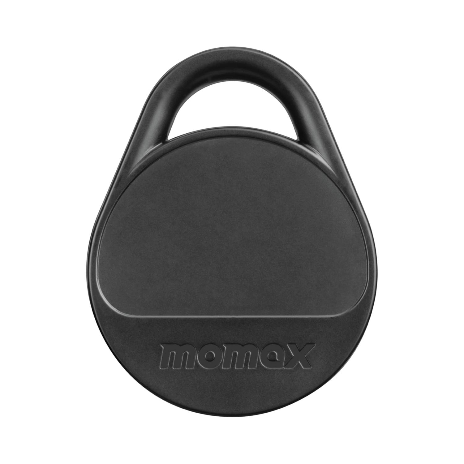Black, round device with a handle and the momax logo. It is on a black background.