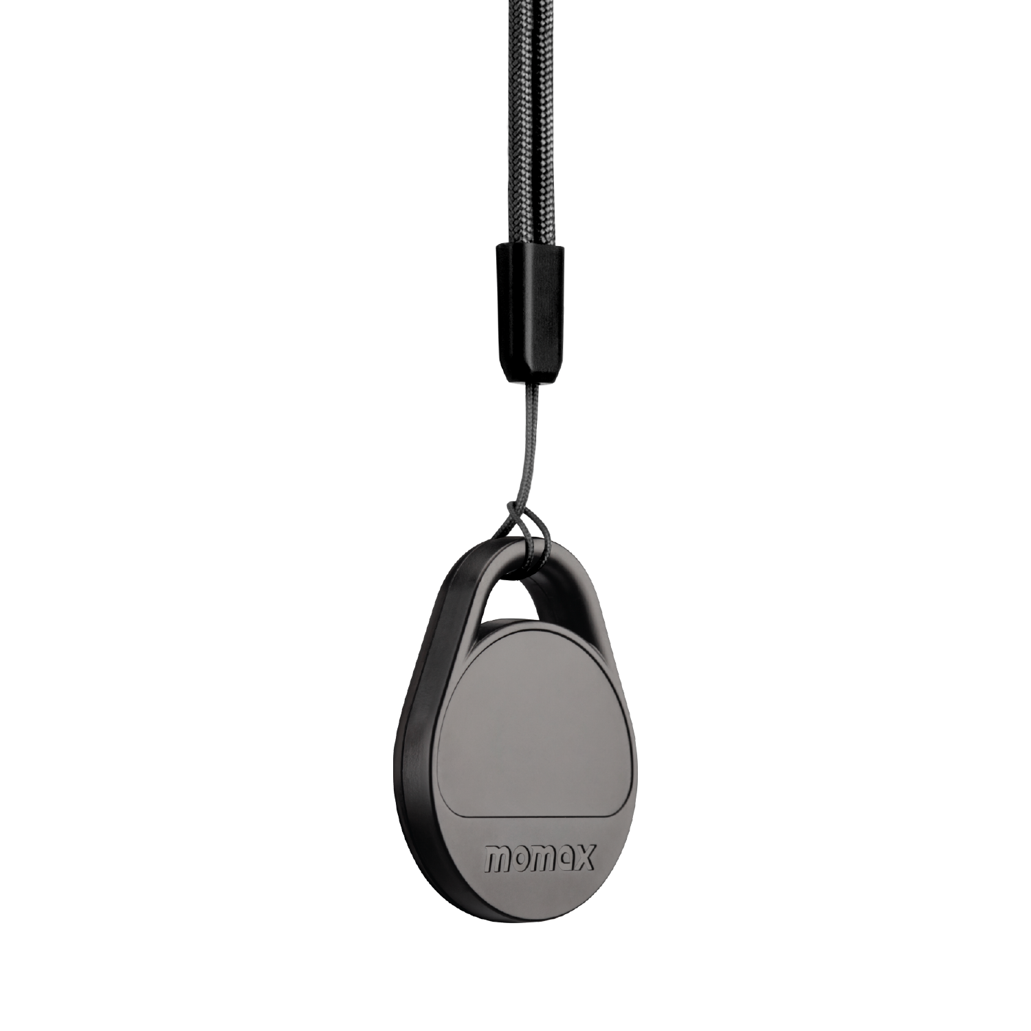 Black device with a loop attached to a black cord. "momax" is printed on it.