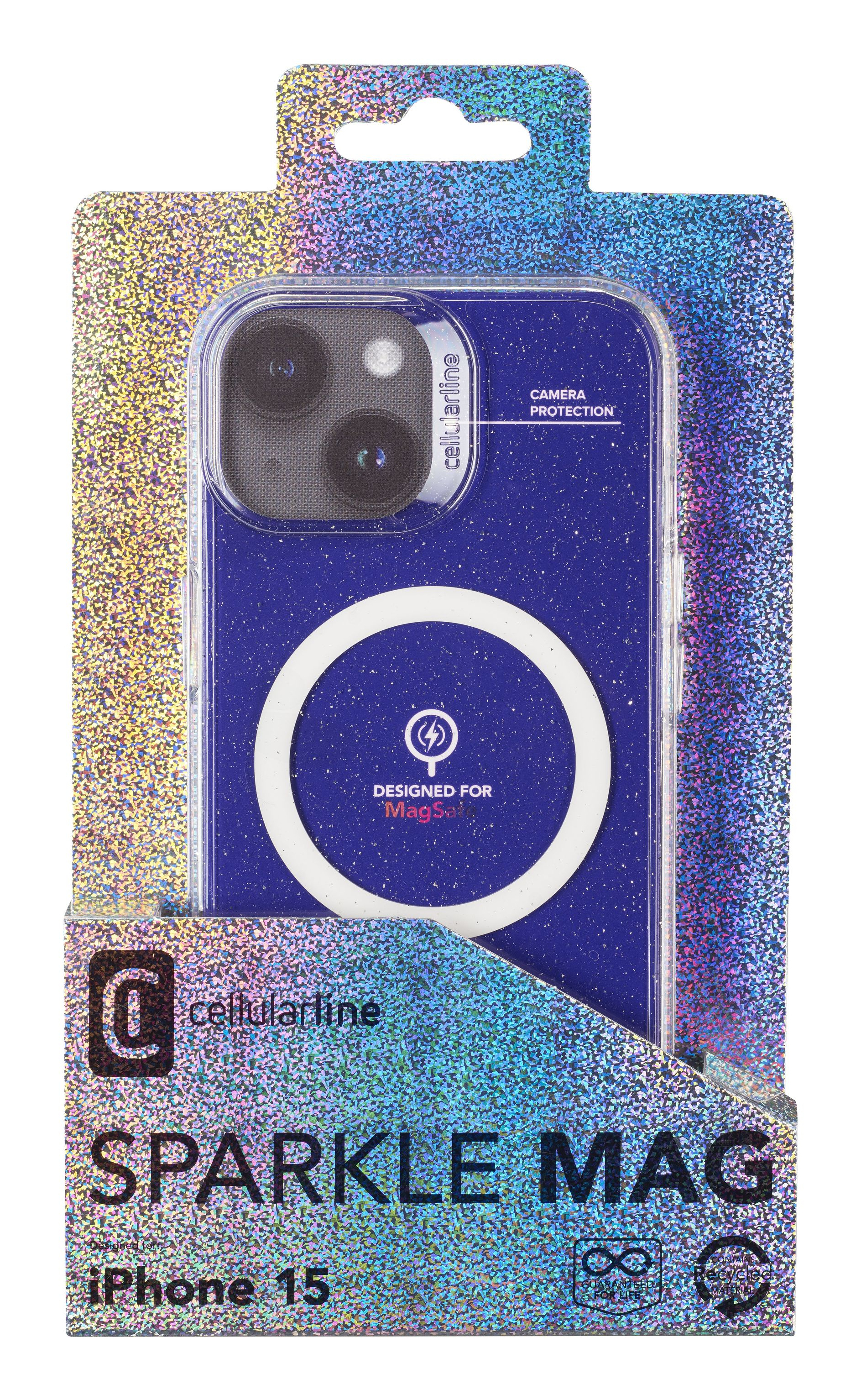 Custodia per telefono in scatola. La custodia è blu con un design glitterato.