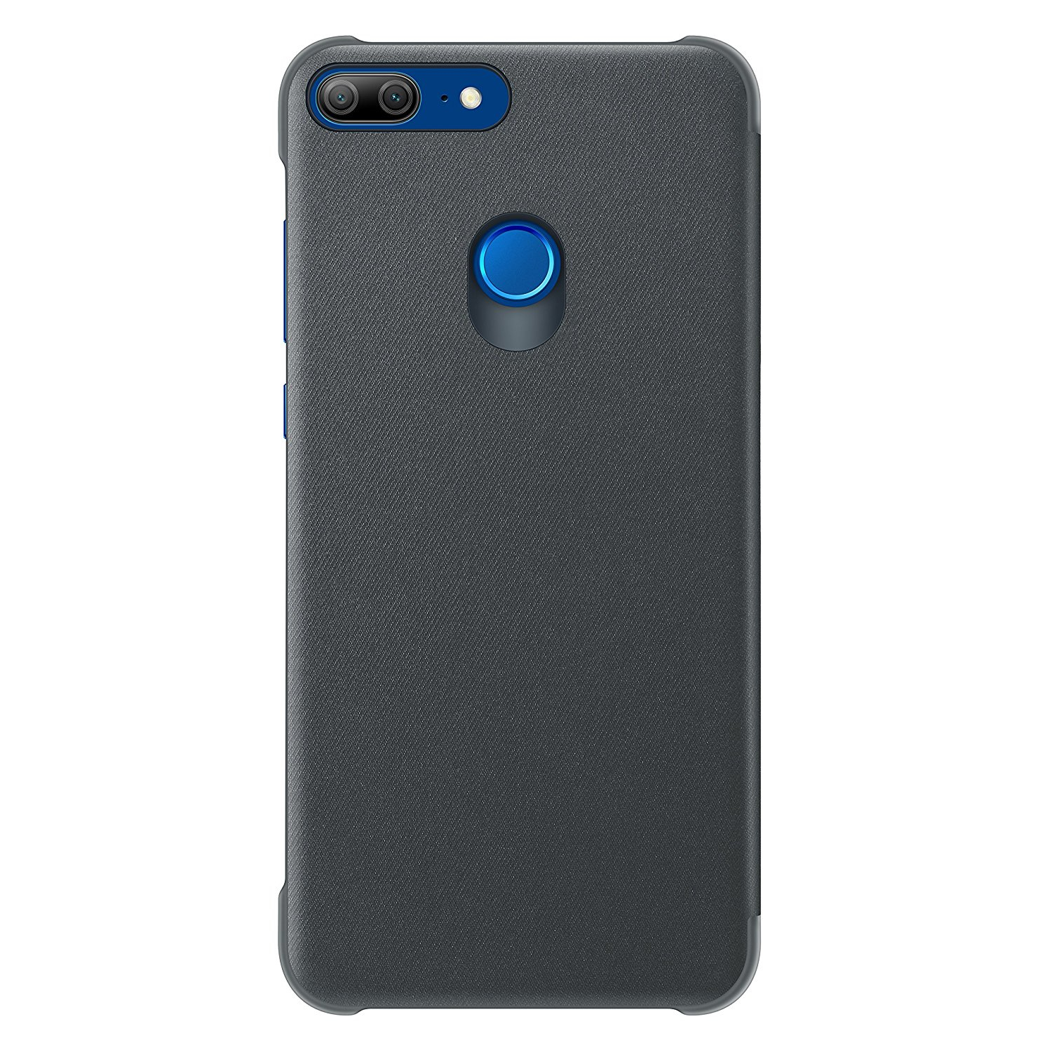 Funda de teléfono negra, vista trasera. Tiene configuración de cámara dual y un círculo azul. Superficie texturizada gris oscuro.