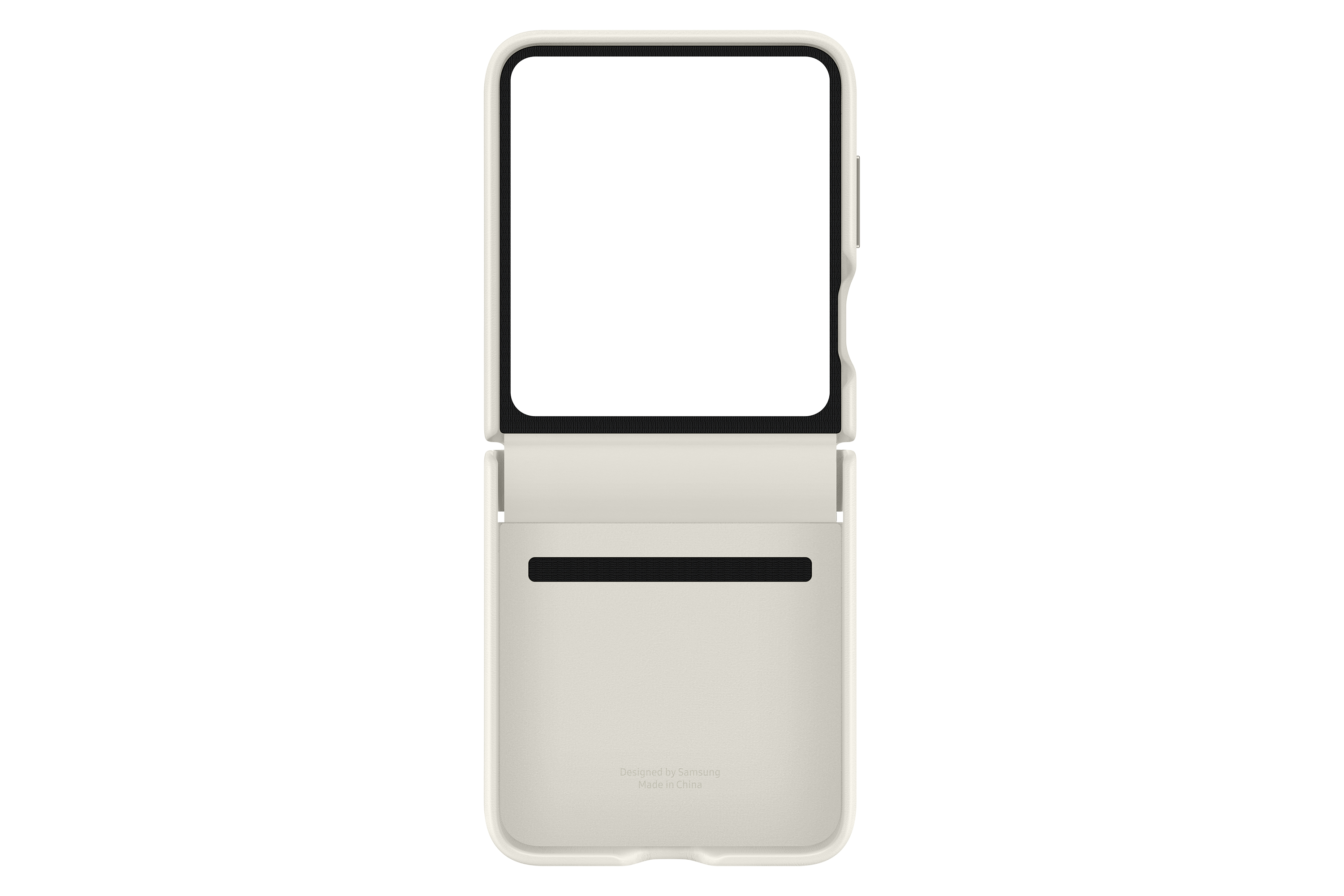 Étui de téléphone blanc ouvert avec écran, sur fond blanc.