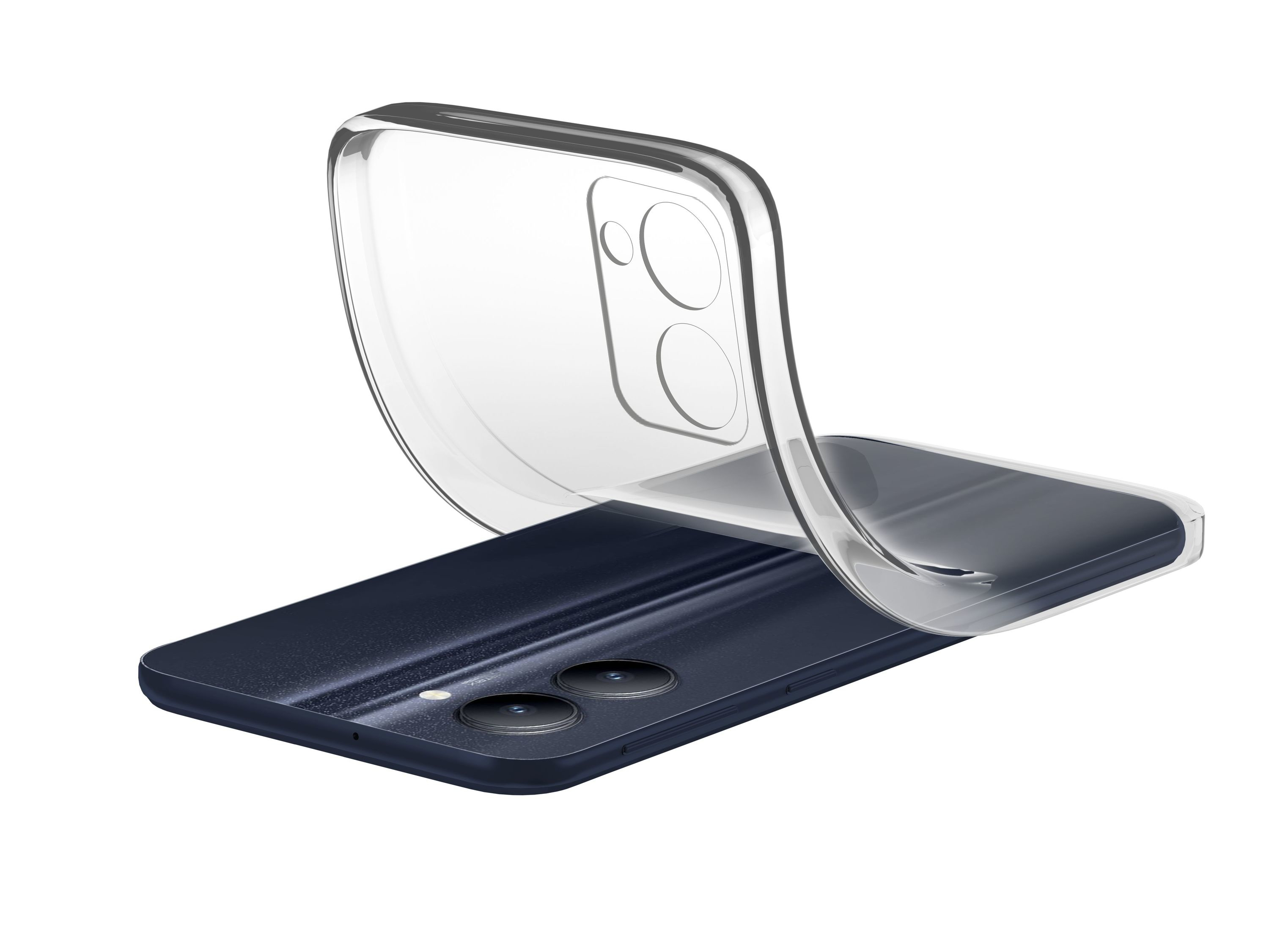 Una custodia trasparente per telefono sopra un telefono blu. Le lenti della fotocamera sono visibili.