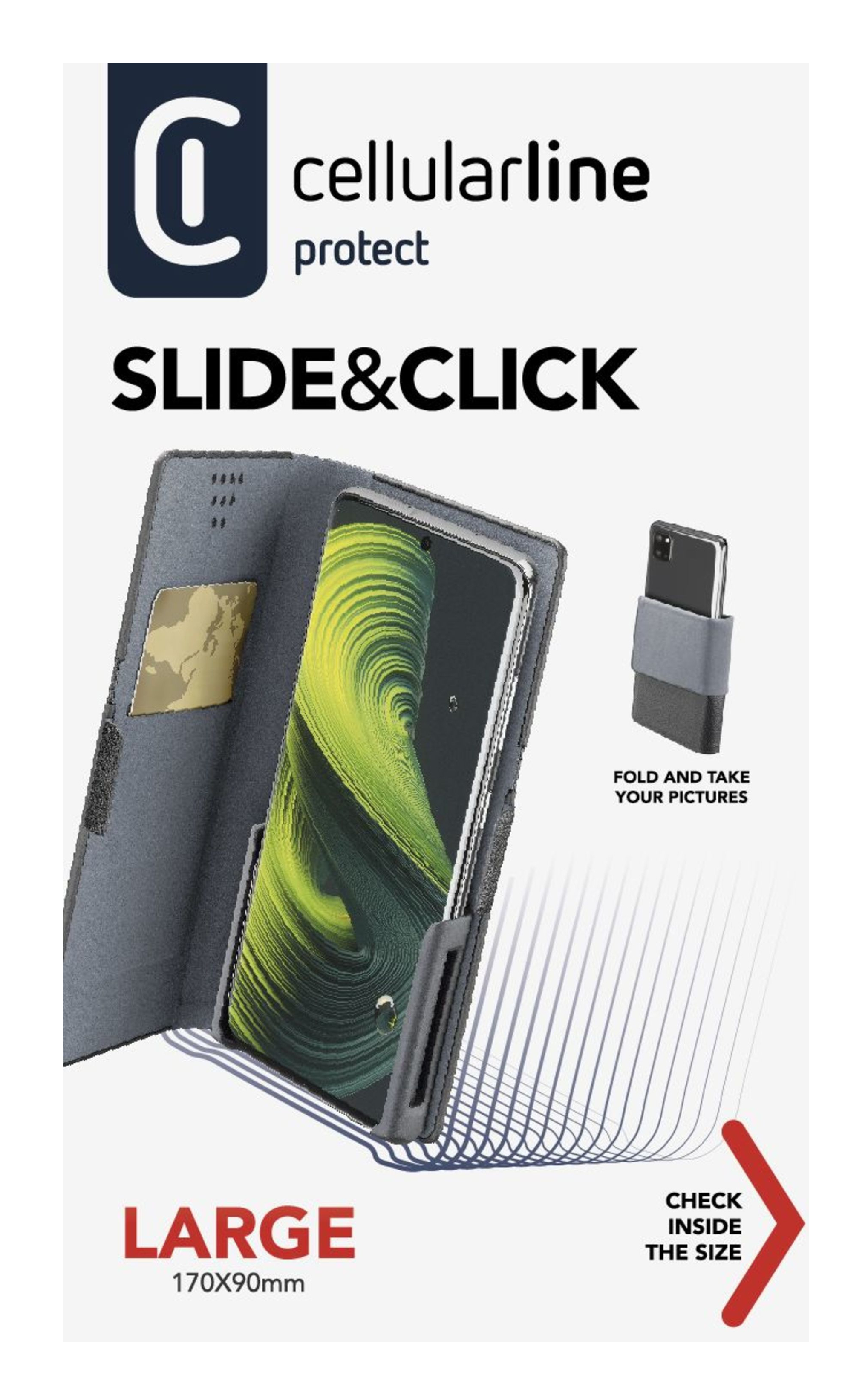 Funda de teléfono con teléfono dentro, mostrando ranura para tarjetas y función deslizante. Instrucciones.