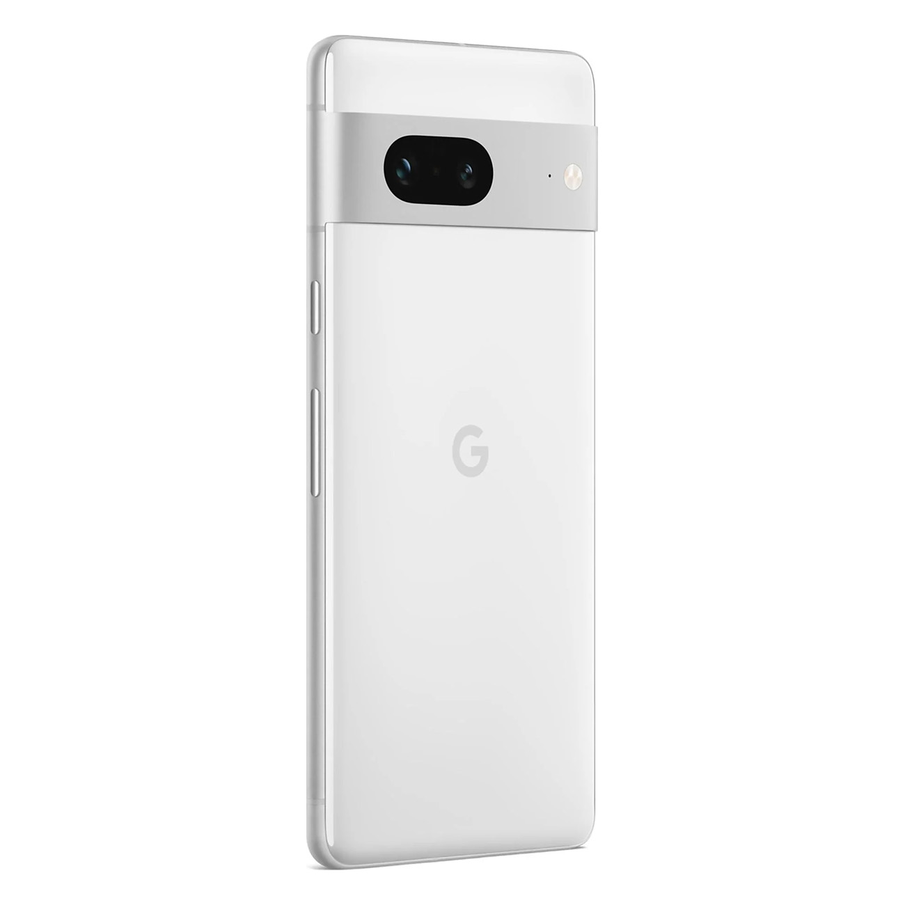 Biały telefon Google Pixel 7. Z tyłu znajduje się pasek z aparatem i centralnie umieszczone logo 'G'.