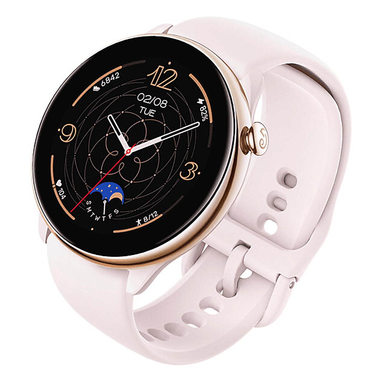 Smartwatch con cinturino rosa e display rotondo nero che mostra ora e data.