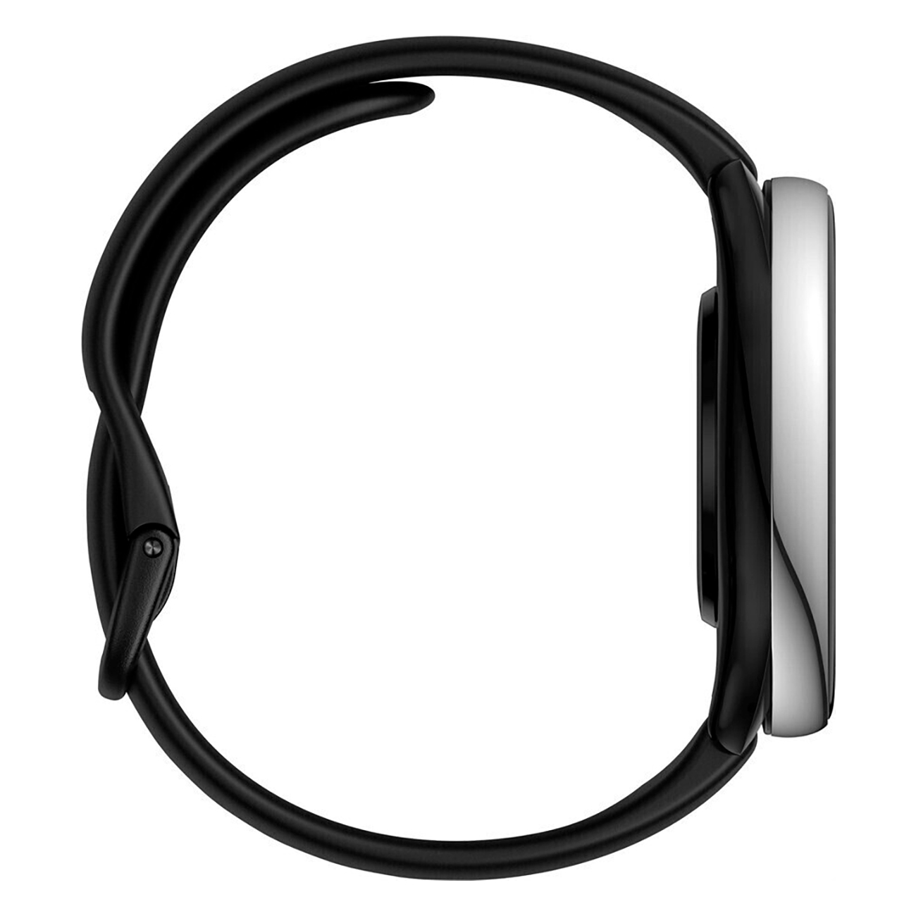 Czarny smartwatch z czarnym paskiem, widok z boku. Tarcza zegarka jest srebrna.