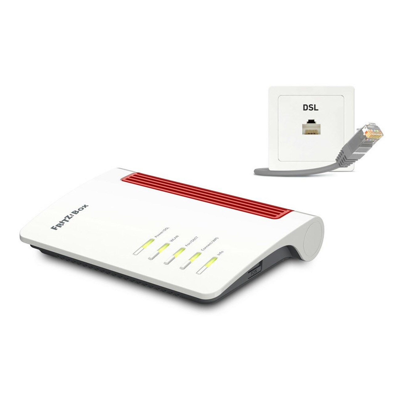 Ein weißer Router mit rotem Streifen, Telefonanschluss und Ethernet-Kabel.