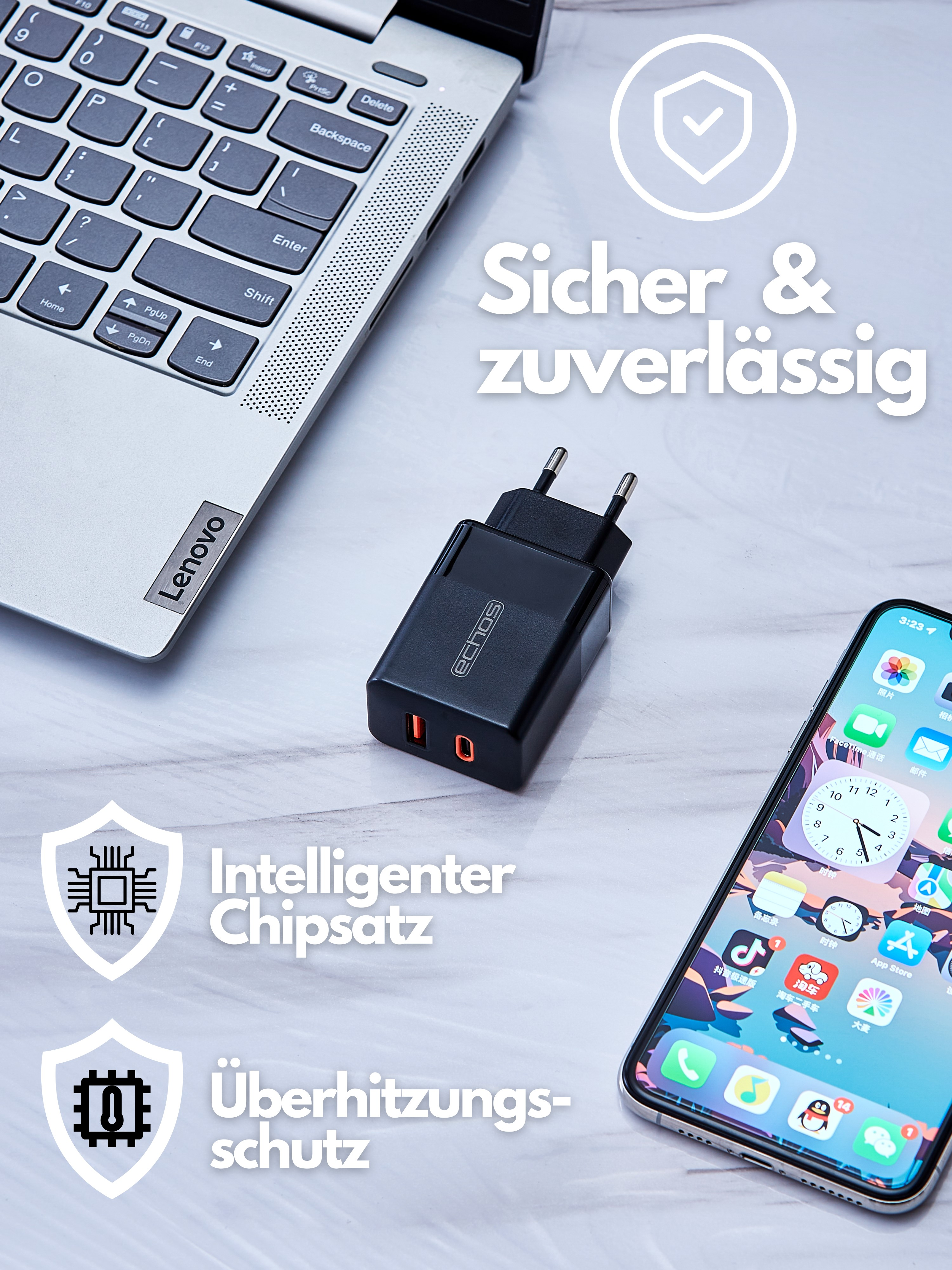 Ein Laptop, ein Ladegerät und ein Telefon liegen auf einer Marmoroberfläche. Text auf dem Bild.