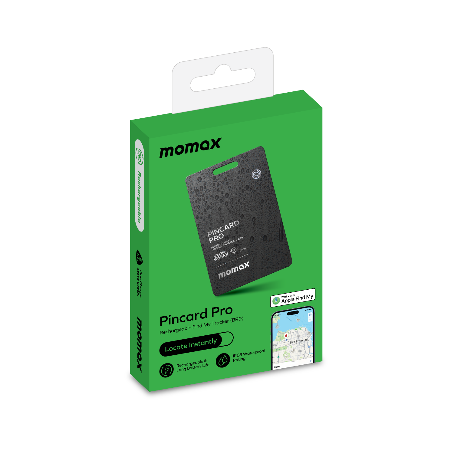 Green box with Momax Pincard Pro tracker. The box has a map on the side.