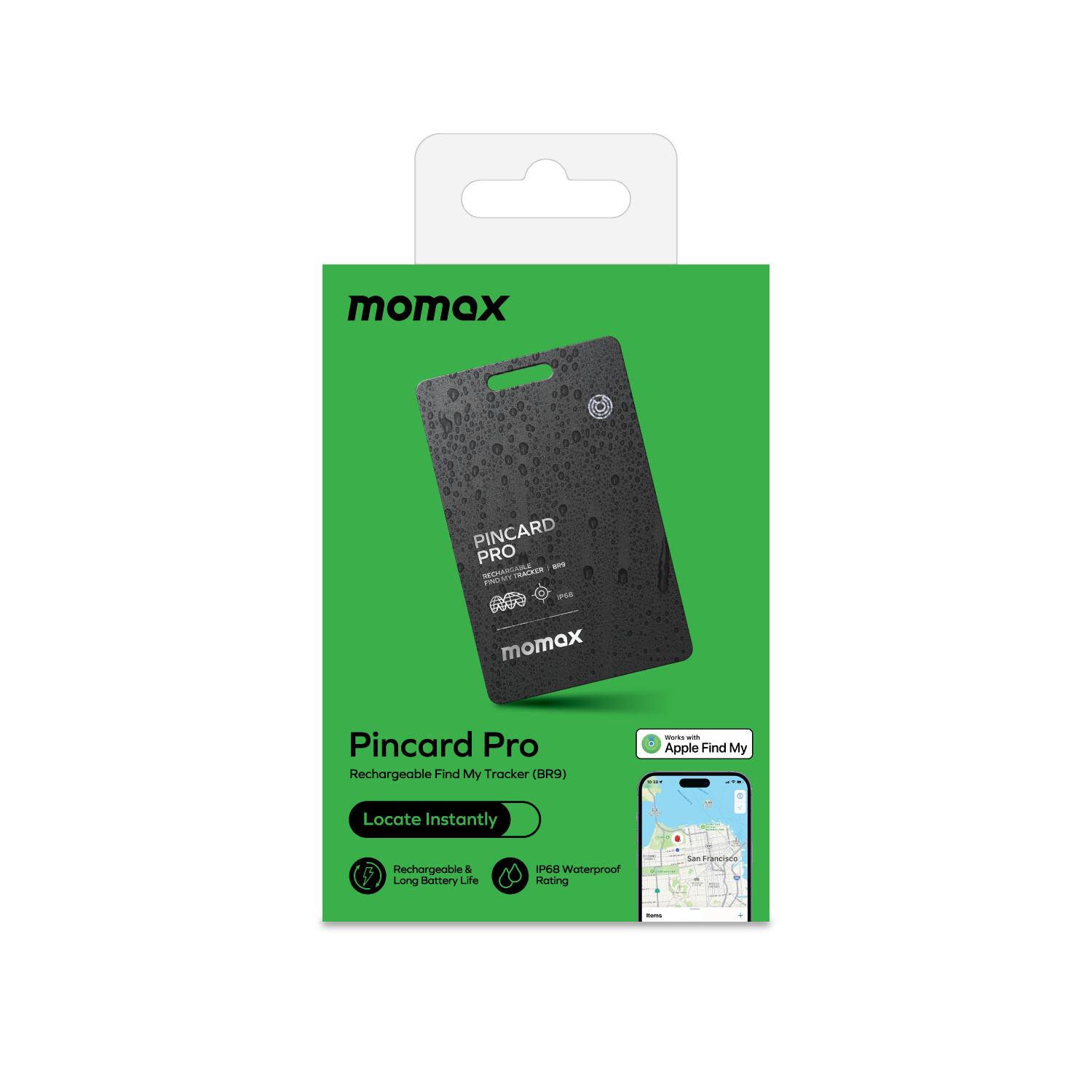 A momax Pincard Pro tracker in a box with phone and map images, on black.