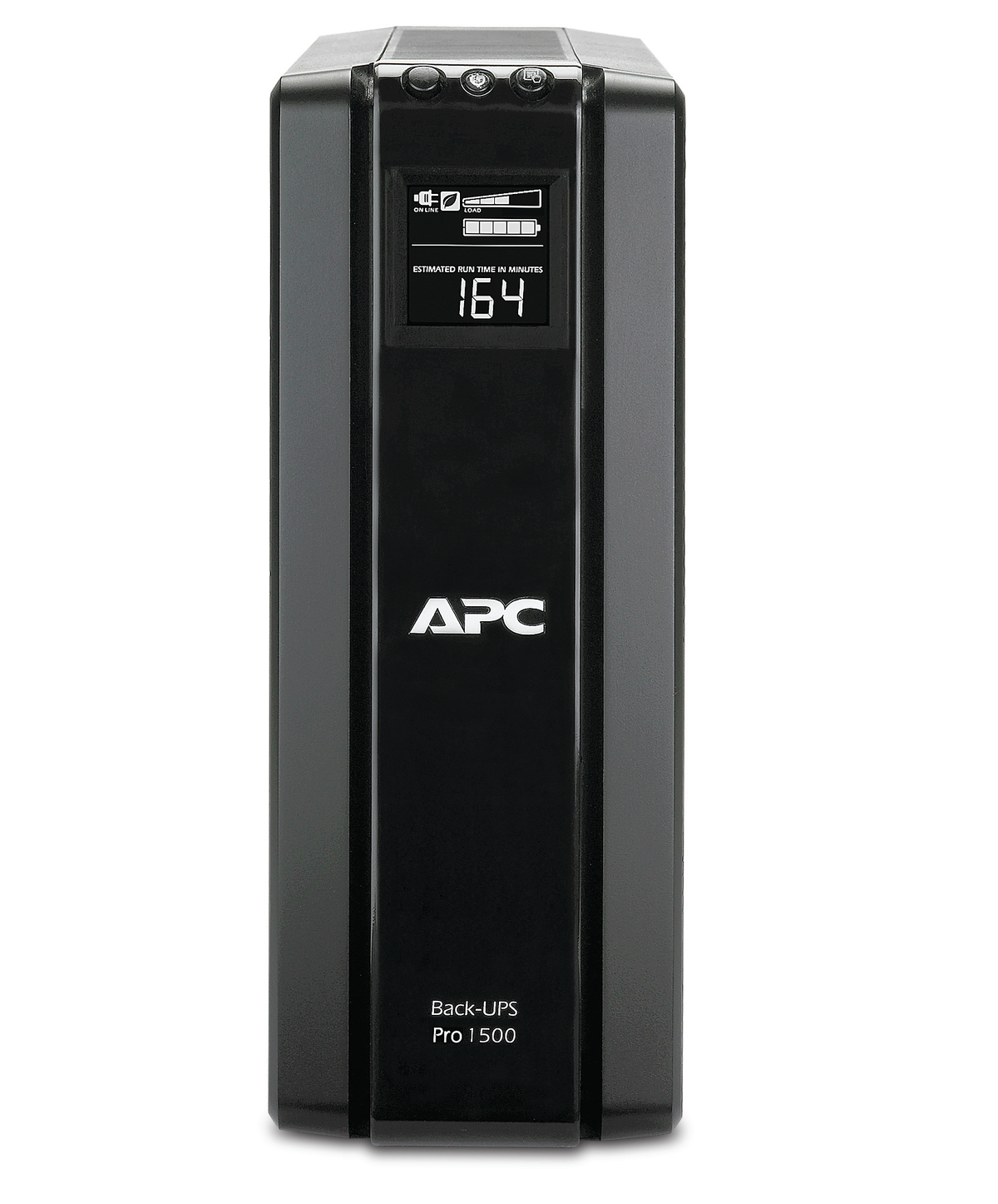 Schwarzes APC Back-UPS Pro 1500. LCD zeigt Laufzeit in Minuten an.