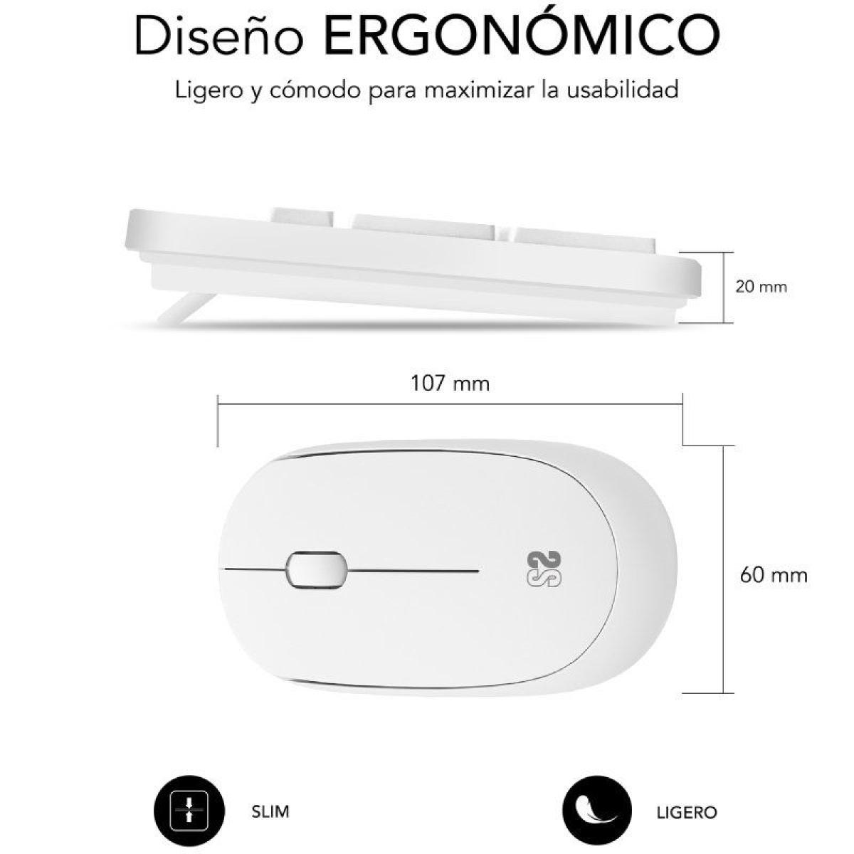 Mouse e tastiera bianchi, con dimensioni indicate. Testo: 'Design ergonomico'.