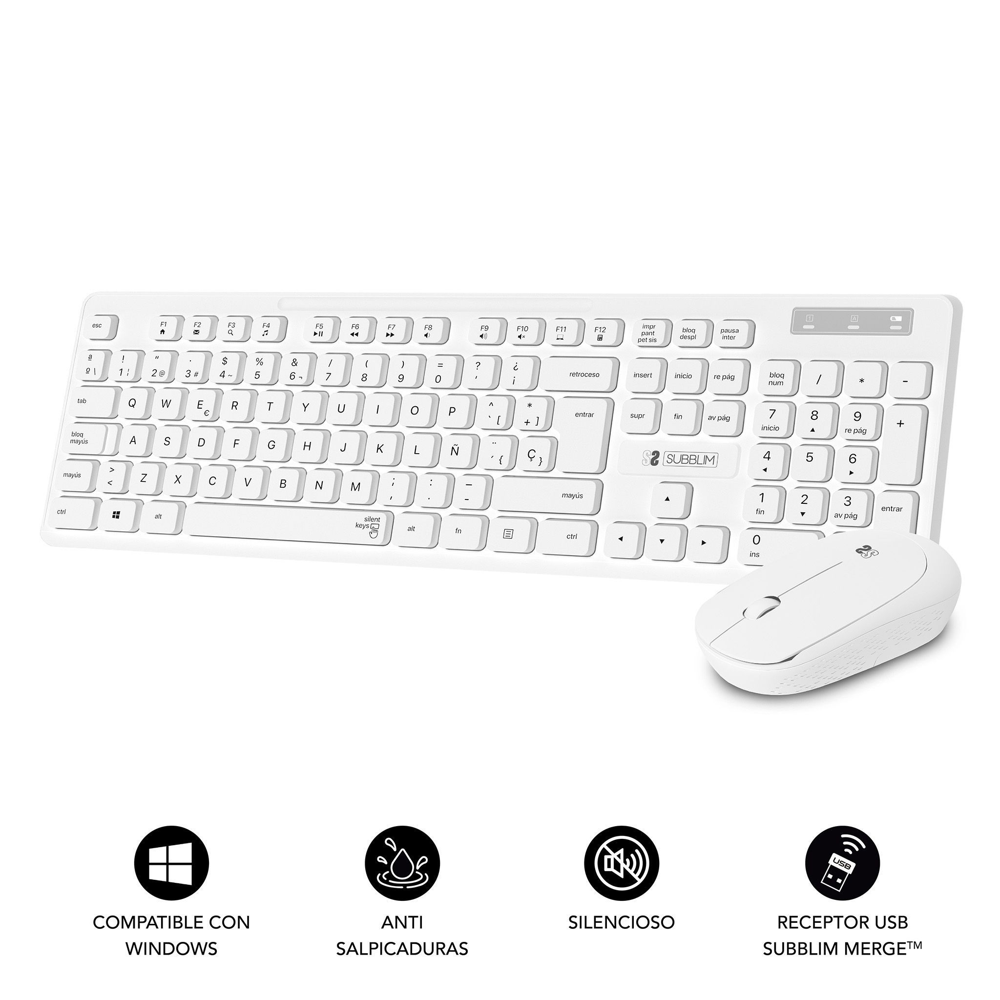 Set tastiera e mouse wireless bianchi. La tastiera ha tasti neri.