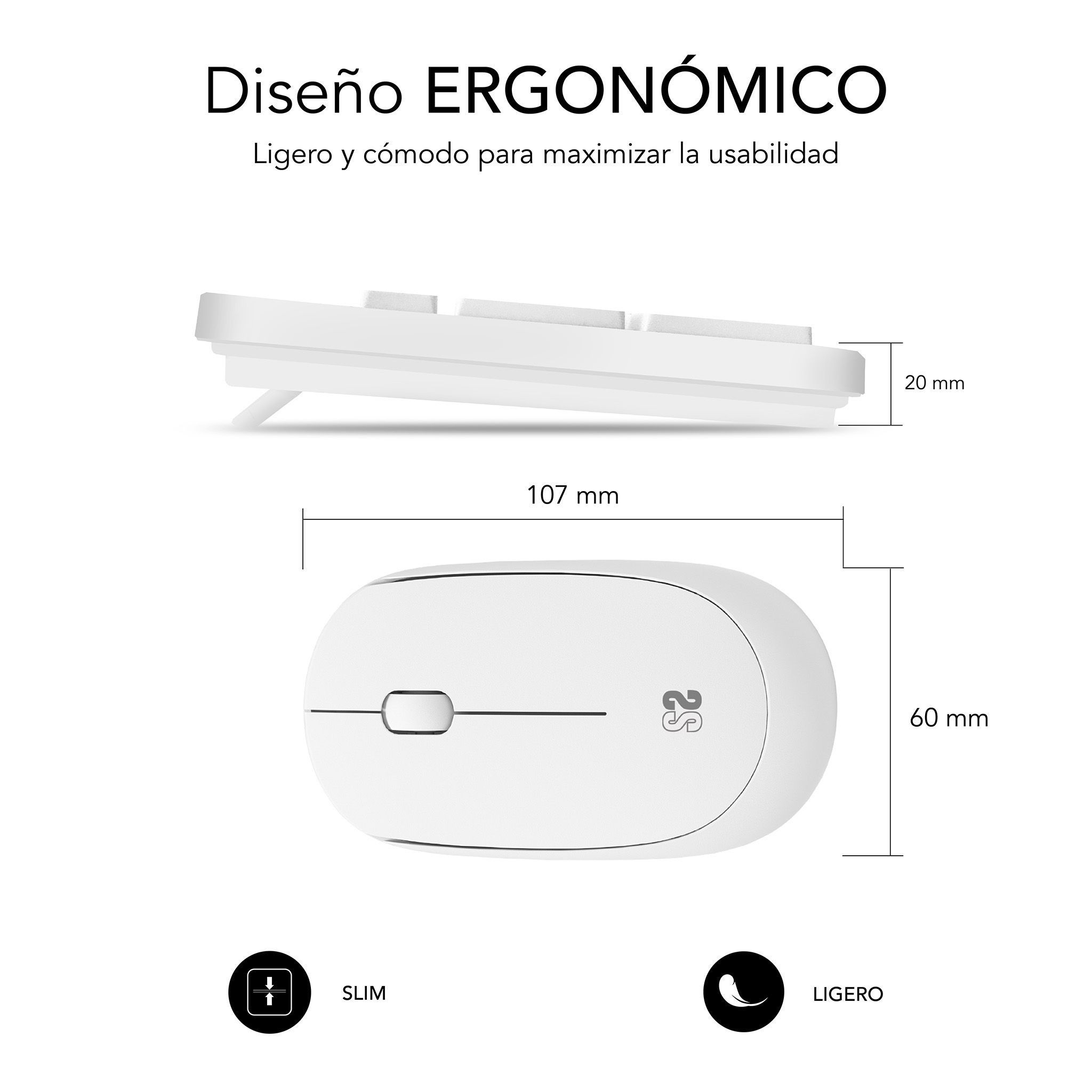 Tastiera bianca con misure in mm. Mouse bianco in basso con logo e misure.