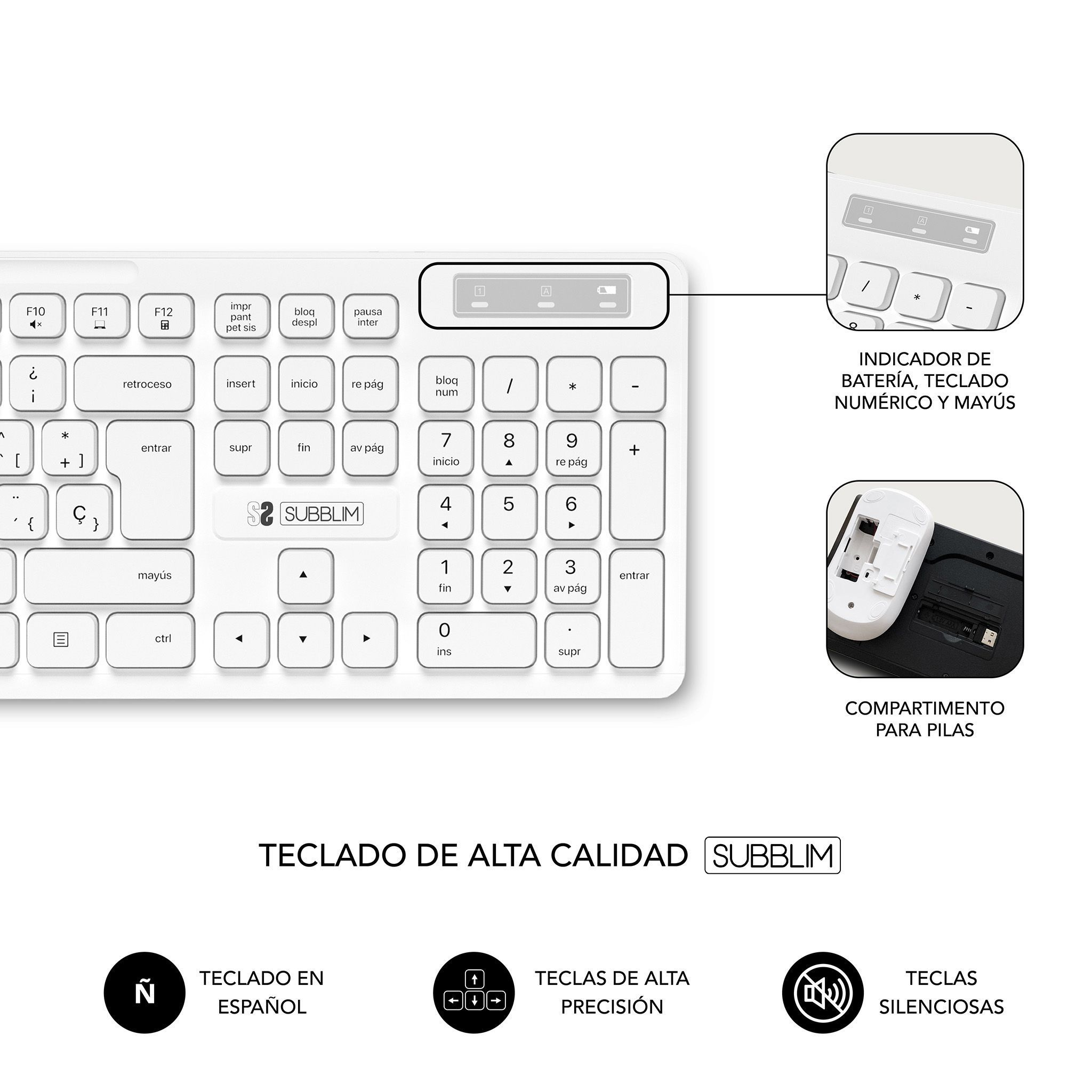 Una tastiera bianca con tastierino numerico, con tasti spagnoli e un mouse.