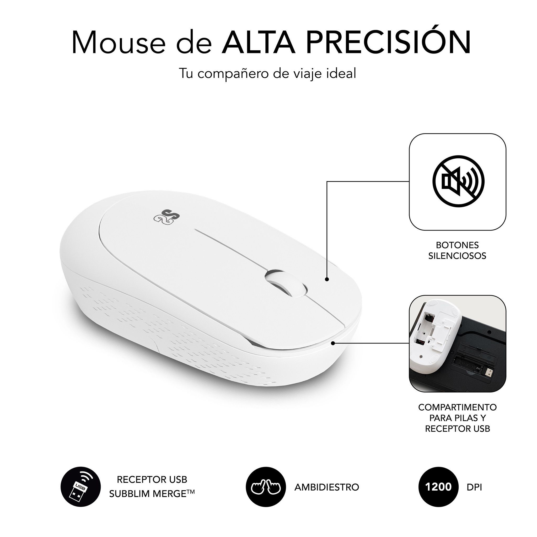 Mouse wireless bianco, vista angolata, con annotazioni.