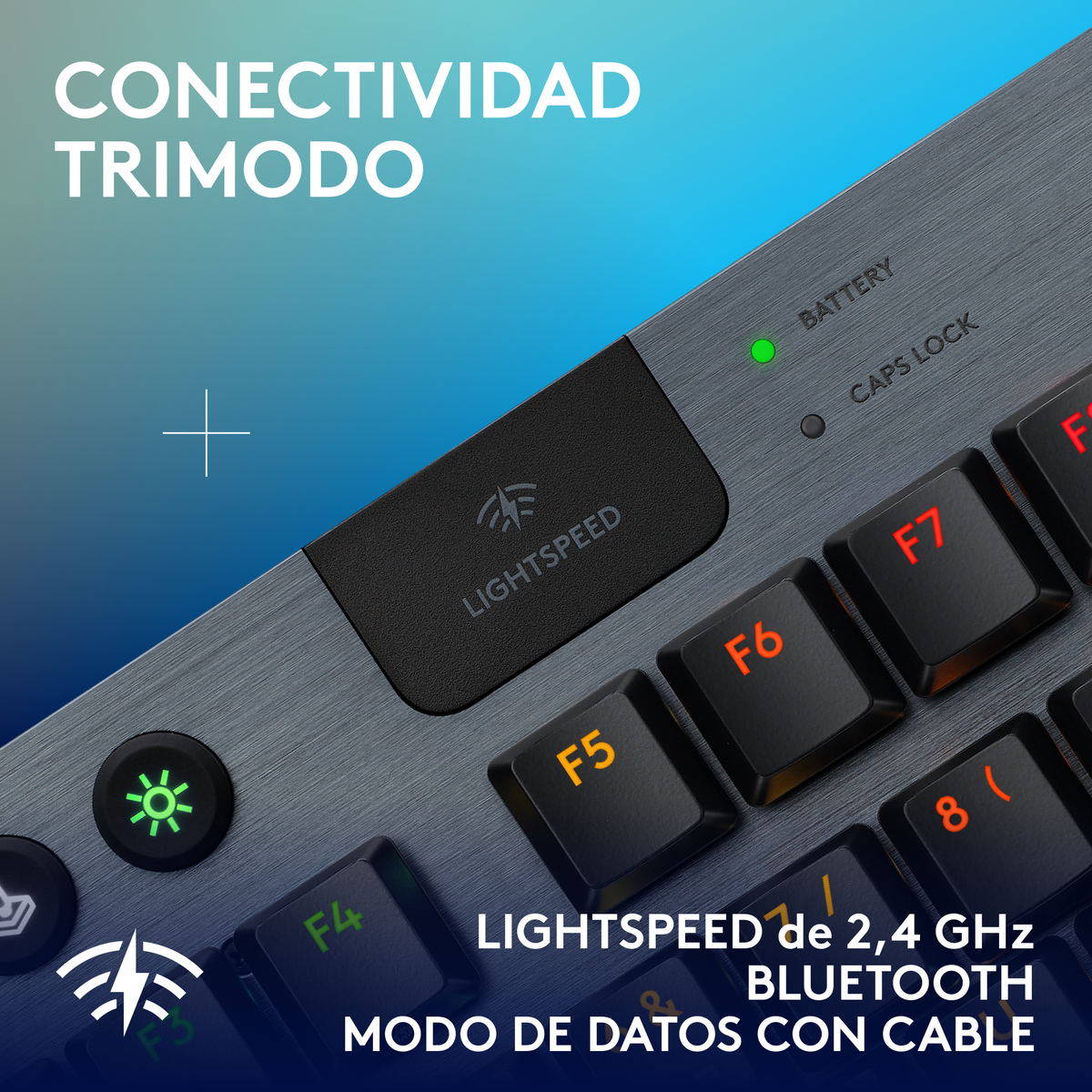 Tastiera con luci e tasti funzione. Il testo dice "LIGHTSPEED" e "BLUETOOTH".