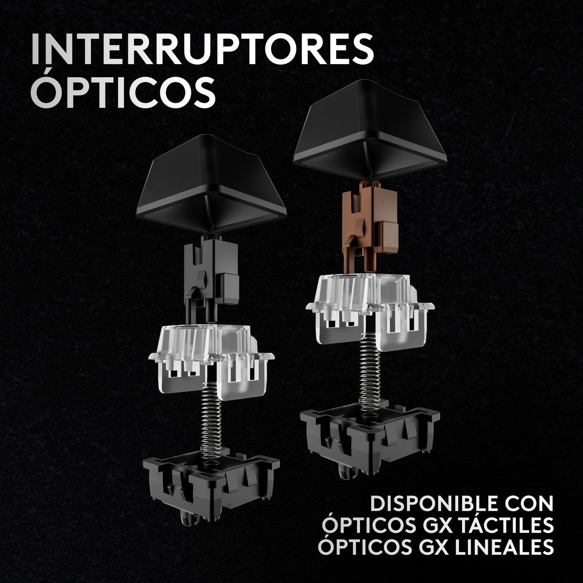 Przełączniki klawiatury, czarne i brązowe, zdemontowane. Tekst mówi "PRZEŁĄCZNIKI OPTYCZNE".