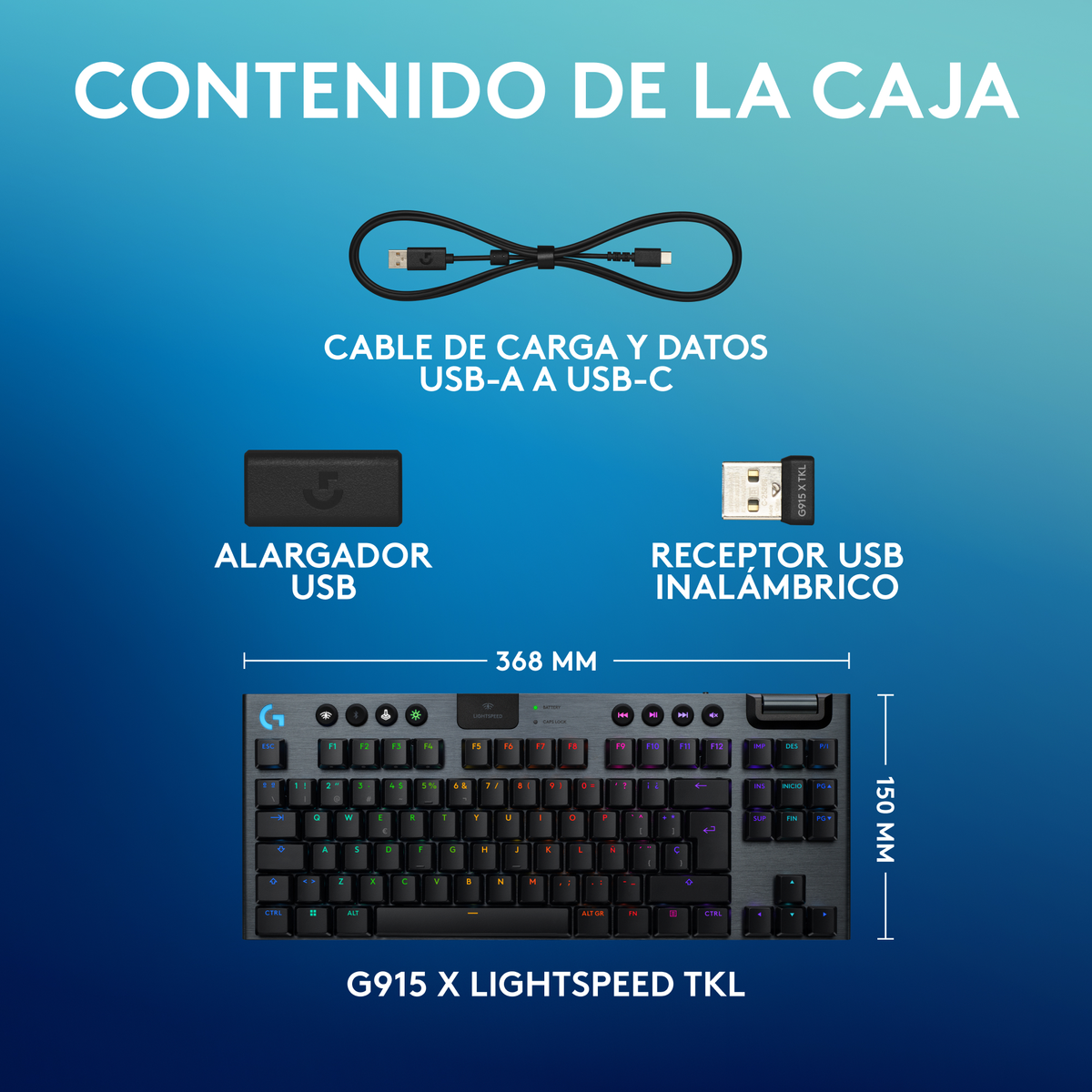 Contenuto della confezione: tastiera, cavo USB-A a USB-C, ricevitore USB, estensione USB.