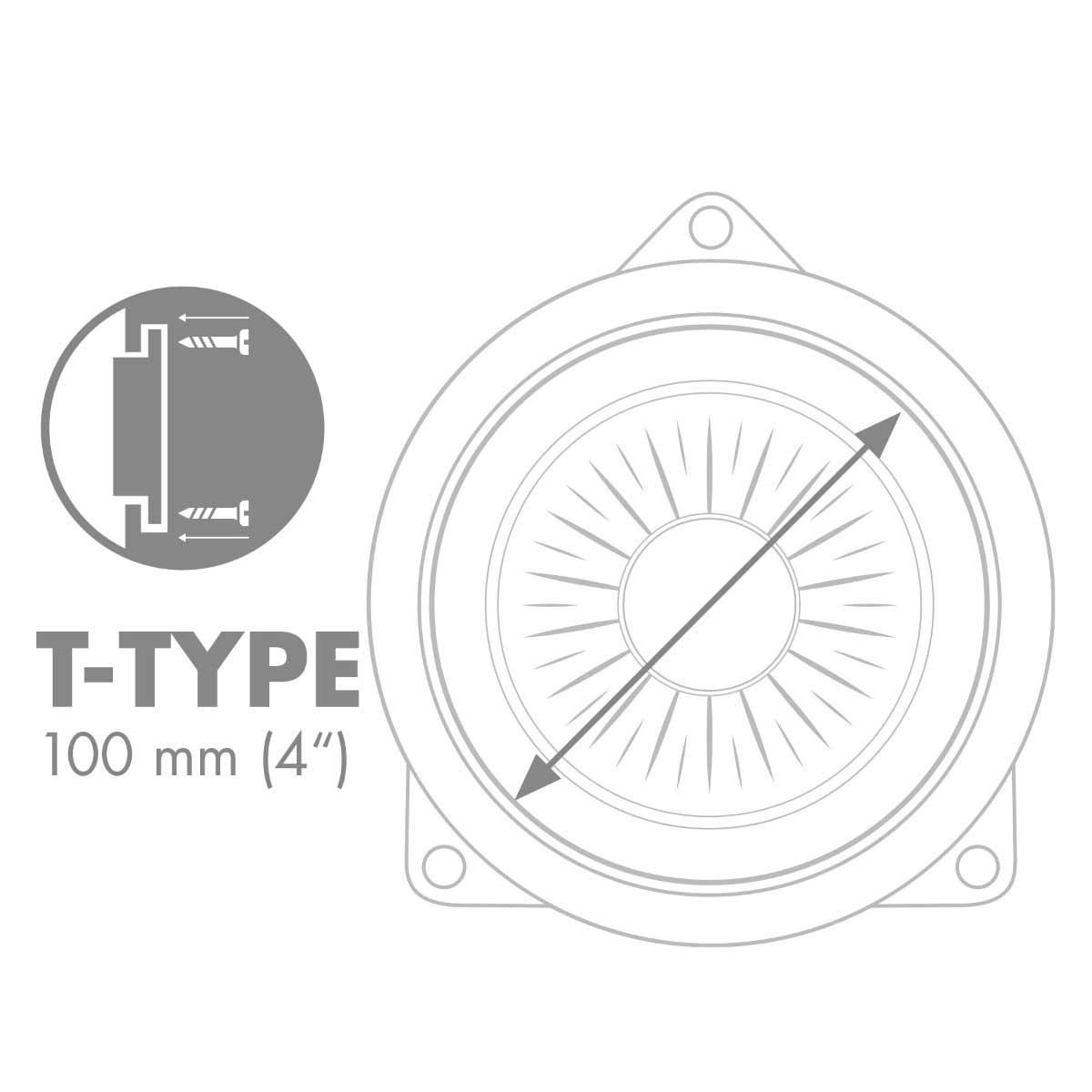 Diagramm eines T-Typs mit Abmessungen. Das Teil ist kreisförmig mit einem zentralen Design.