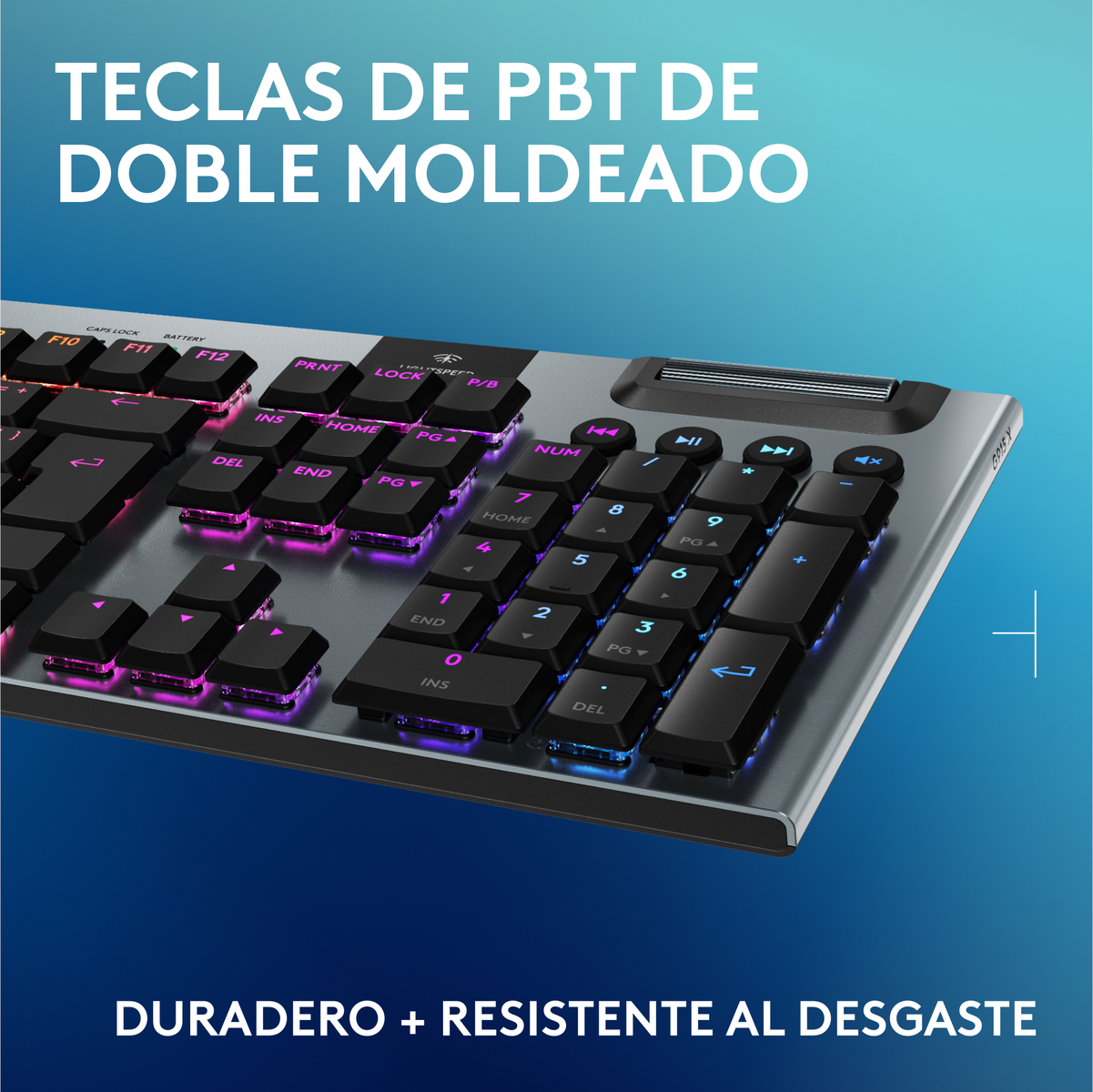 Nahaufnahme einer Tastatur mit beleuchteten Tasten, Text oben.