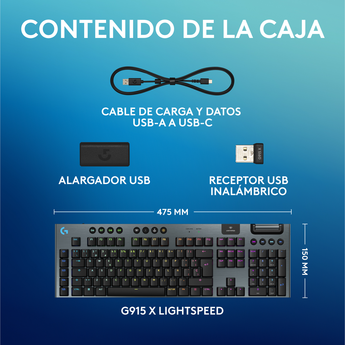 Tastaturkomponenten. Enthält eine Tastatur, ein USB-Kabel, einen USB-Extender und einen drahtlosen Empfänger.