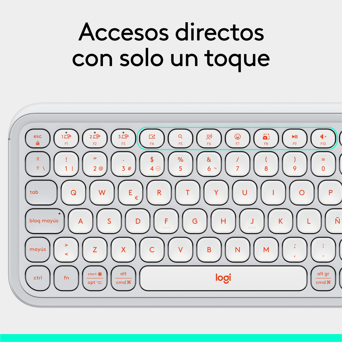 Tastiera bianca con logo logi rosso e tasti di scelta rapida. Layout inglese.