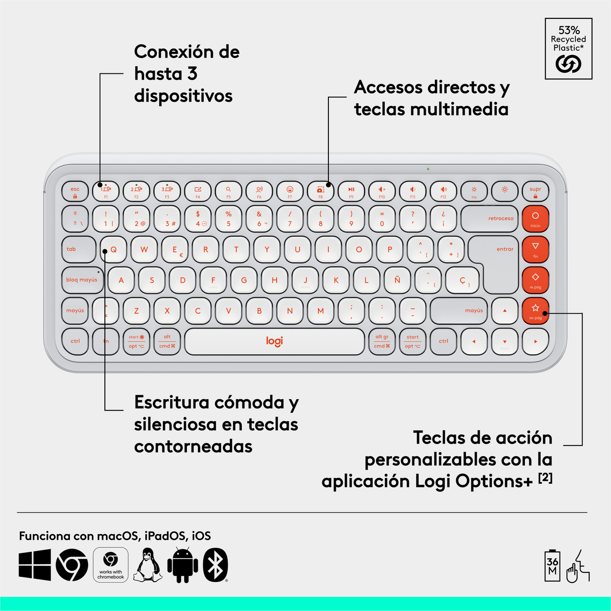 Una tastiera Logitech bianca con etichette in spagnolo. Include emoji e tasti multimediali. Sfondo nero.