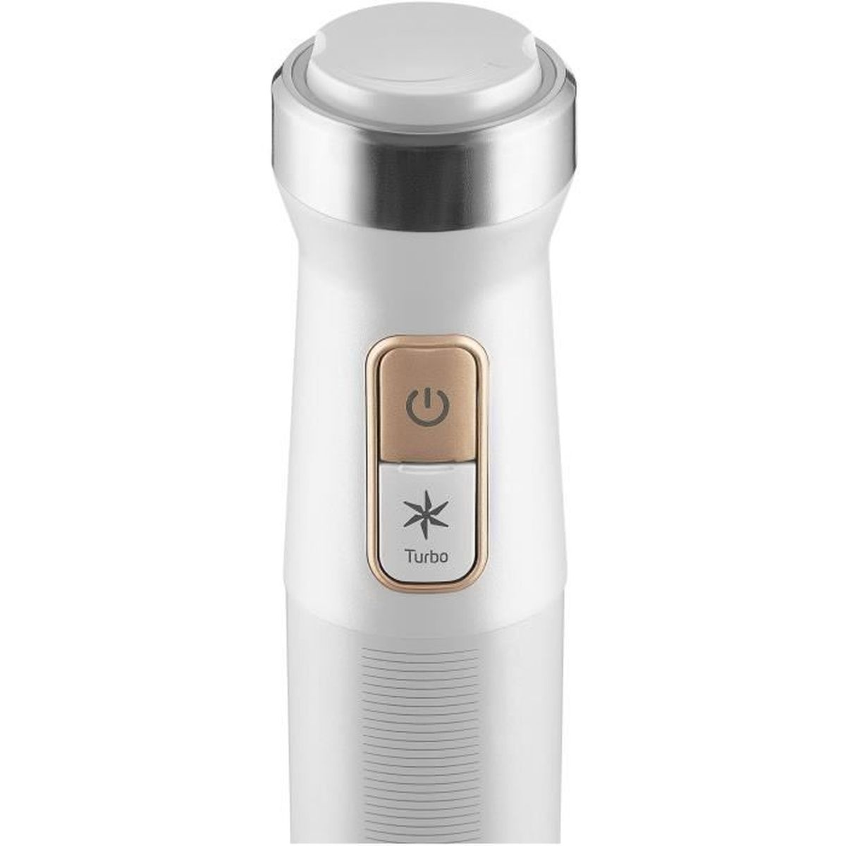 Weißer und goldener Handmixer mit Power- und Turbo-Tasten. Nahaufnahme des oberen Teils.
