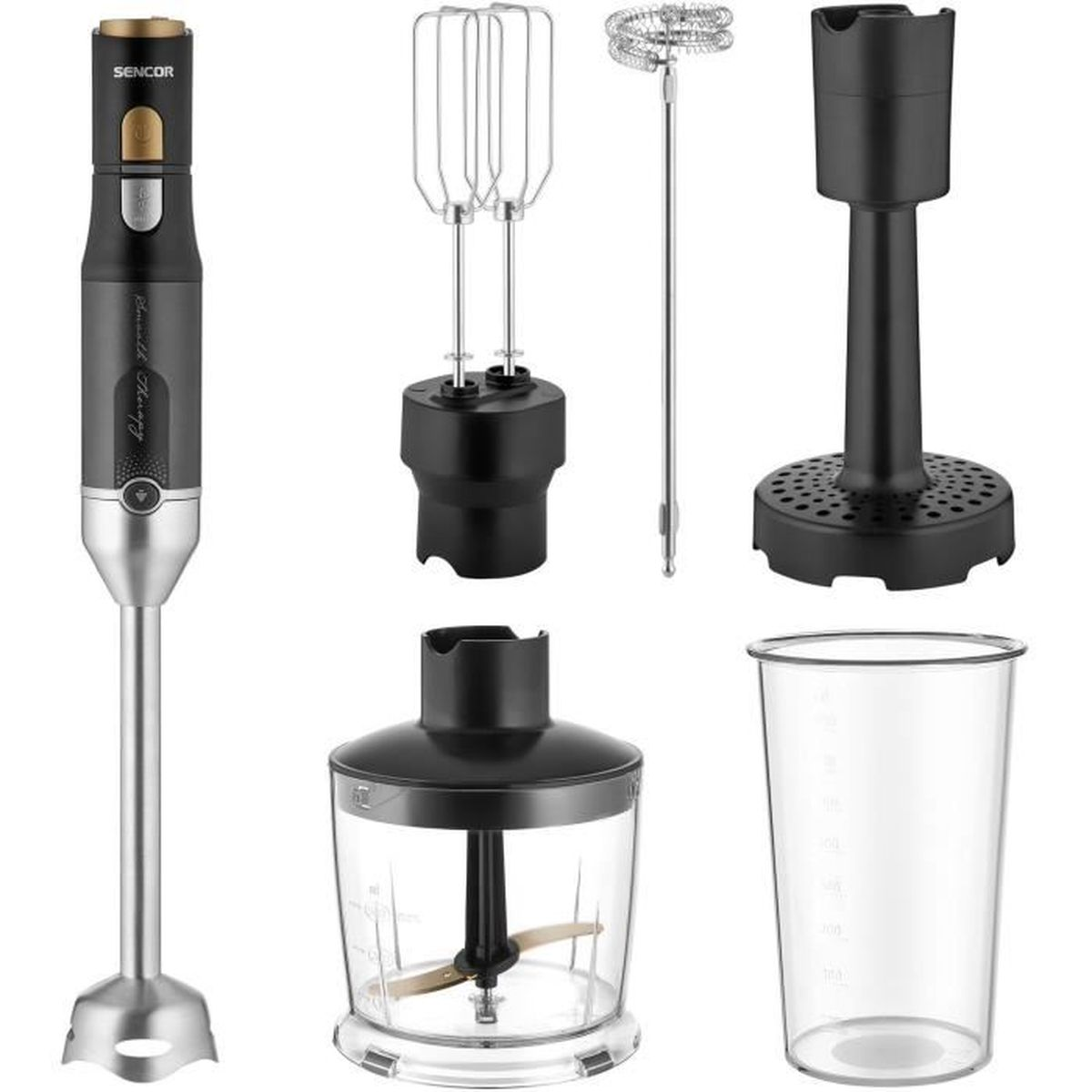 Frullatore a immersione con accessori: frusta, tritatutto e bicchiere, tutto nero e argento.
