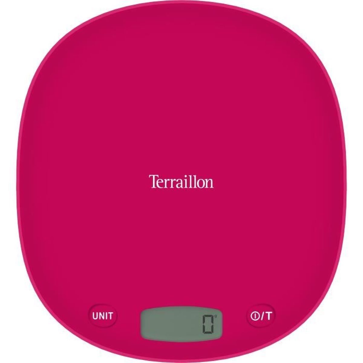 Una bilancia da cucina digitale rosa con display e pulsanti.