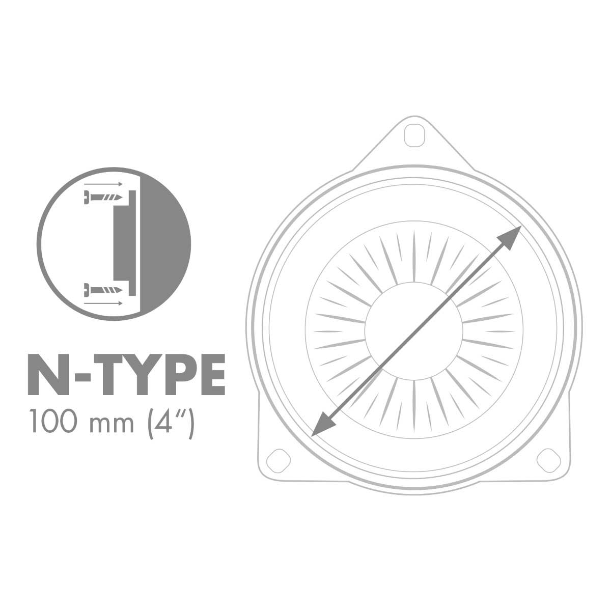 Diagramm eines N-Typ Lautsprecher-Bauteils. Zeigt Abmessungen und eine Seitenansicht mit Schrauben.