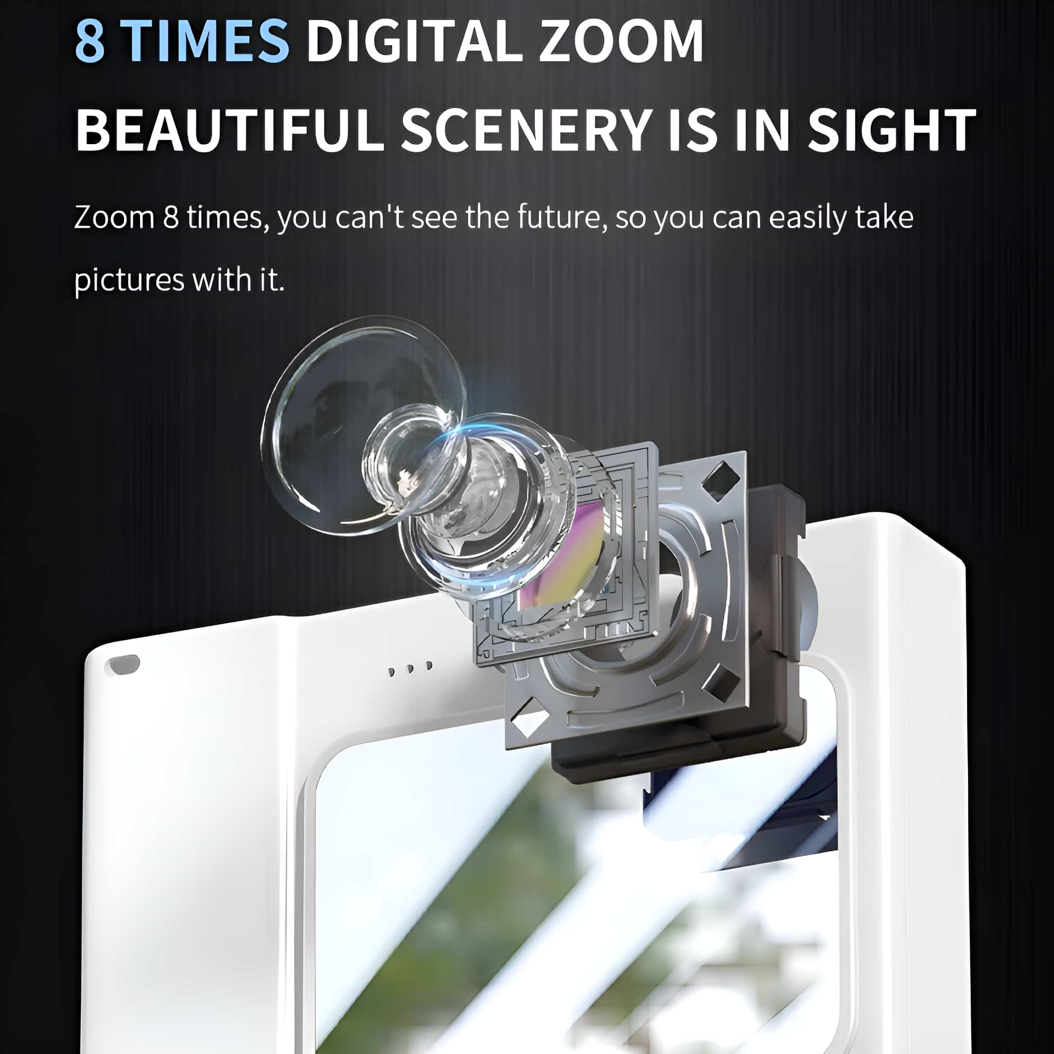 Eine weiße Kamerakomponente mit Linsensystem, mit Text zur Digitalzoom-Funktion.