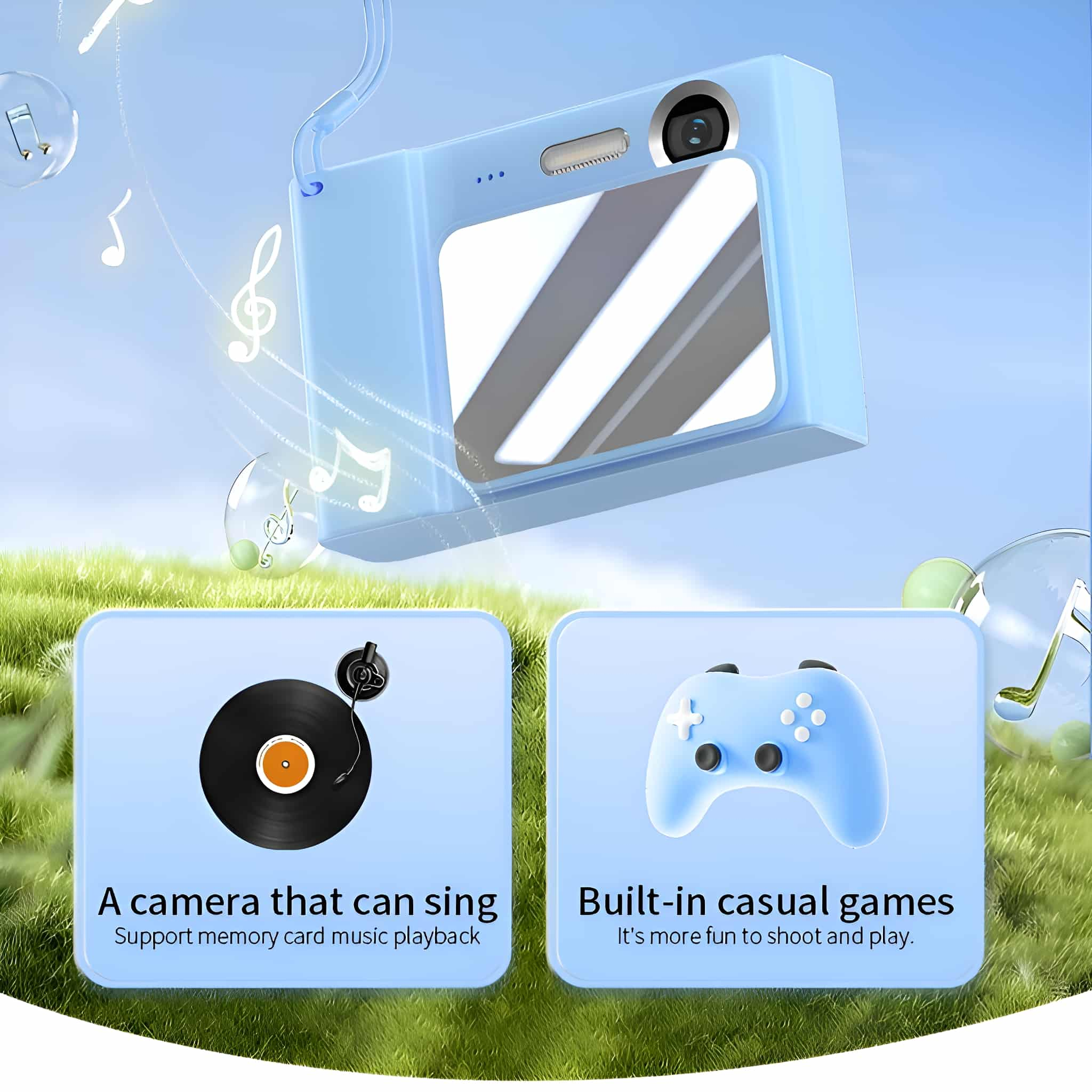 Eine blaue Kamera mit Bildschirm und zwei Illustrationen eines Plattenspielers und eines Gamecontrollers.