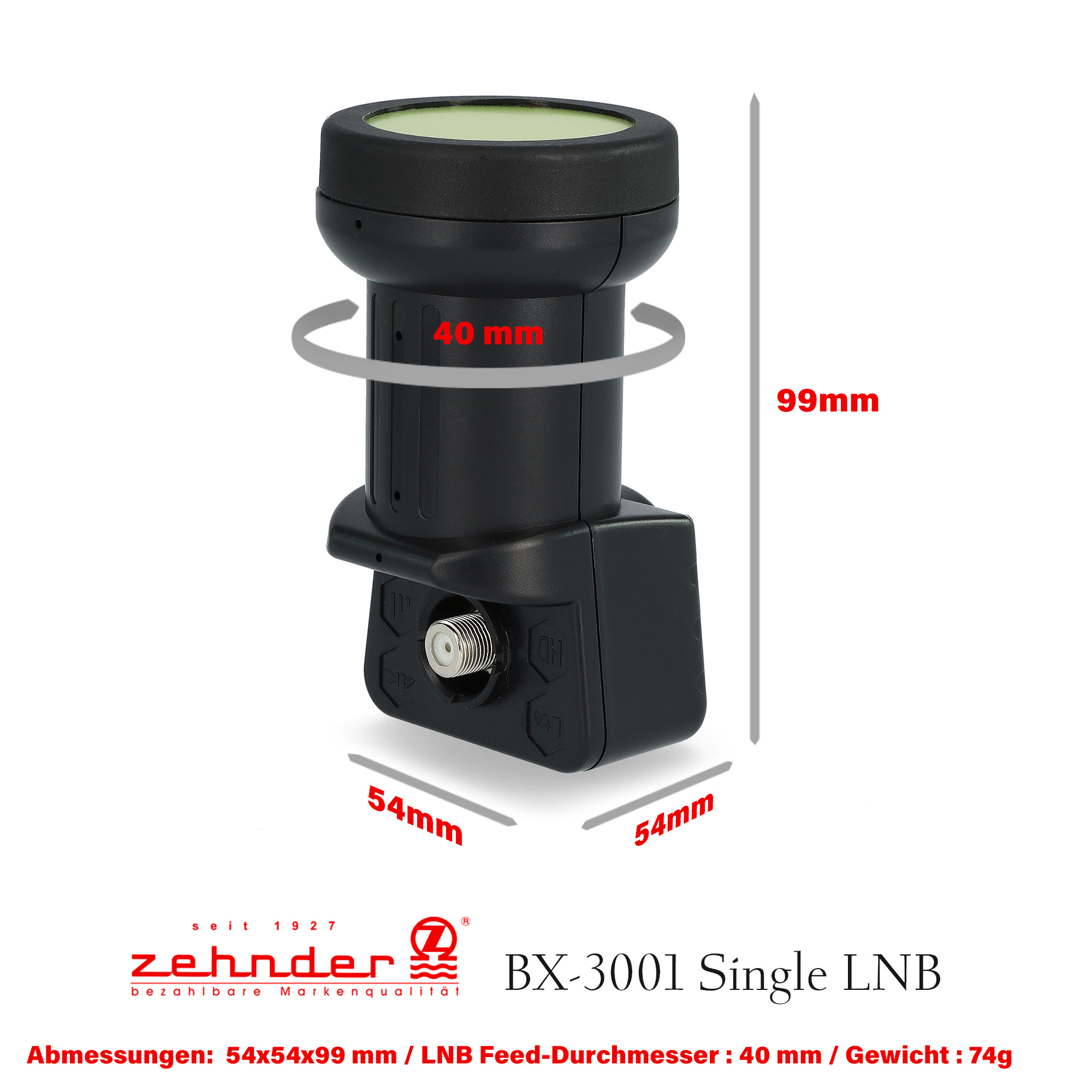 Ein schwarzer Satellitenempfänger mit Messungen. Es ist ein BX-3001 Single LNB. Text auf Deutsch ist sichtbar.