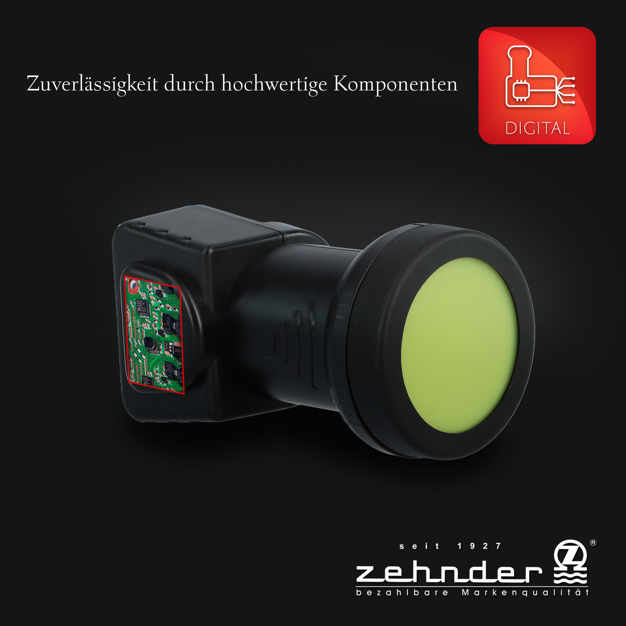 Schwarze Satellitenempfängerkomponente mit grünem Objektiv und Text auf Deutsch.