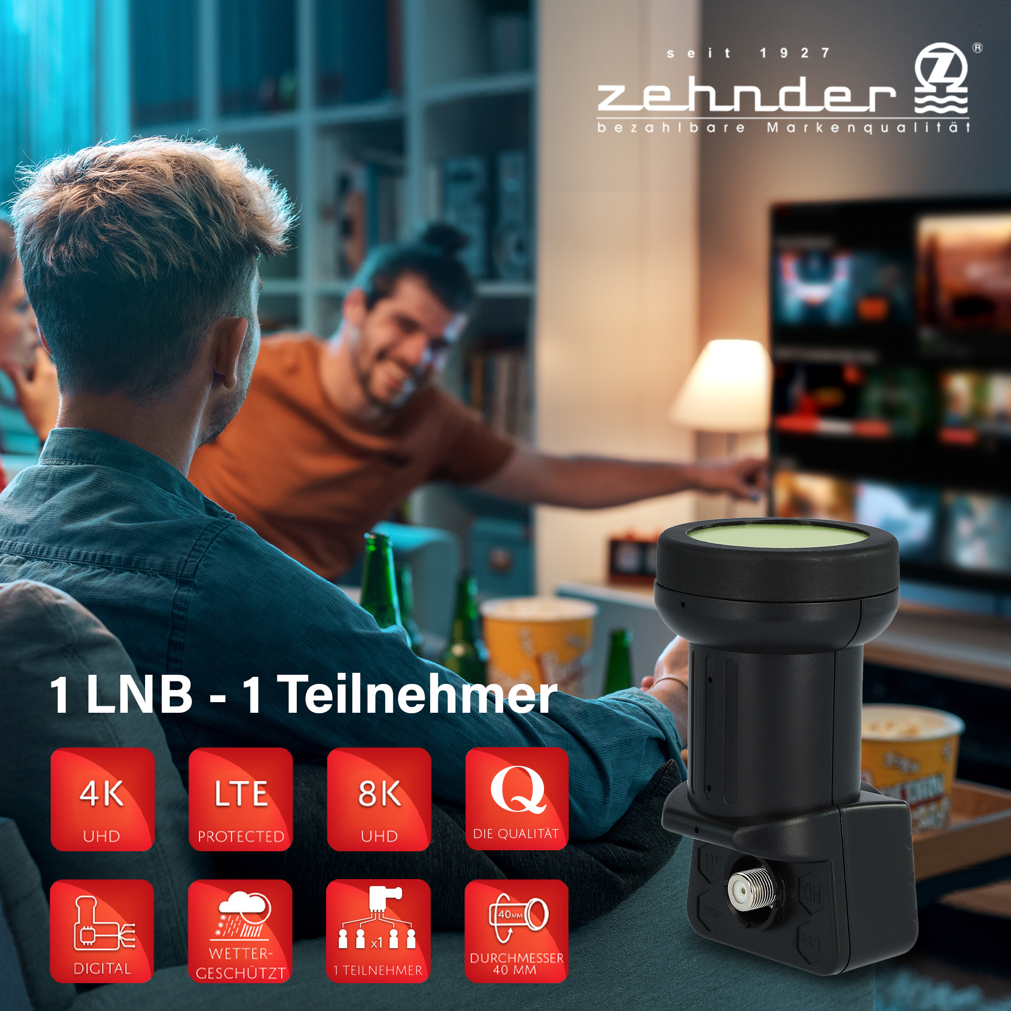 LNB-Gerät mit Symbolen. Zwei Männer schauen fern, mit Popcorn und Licht. Weißer Hintergrund.