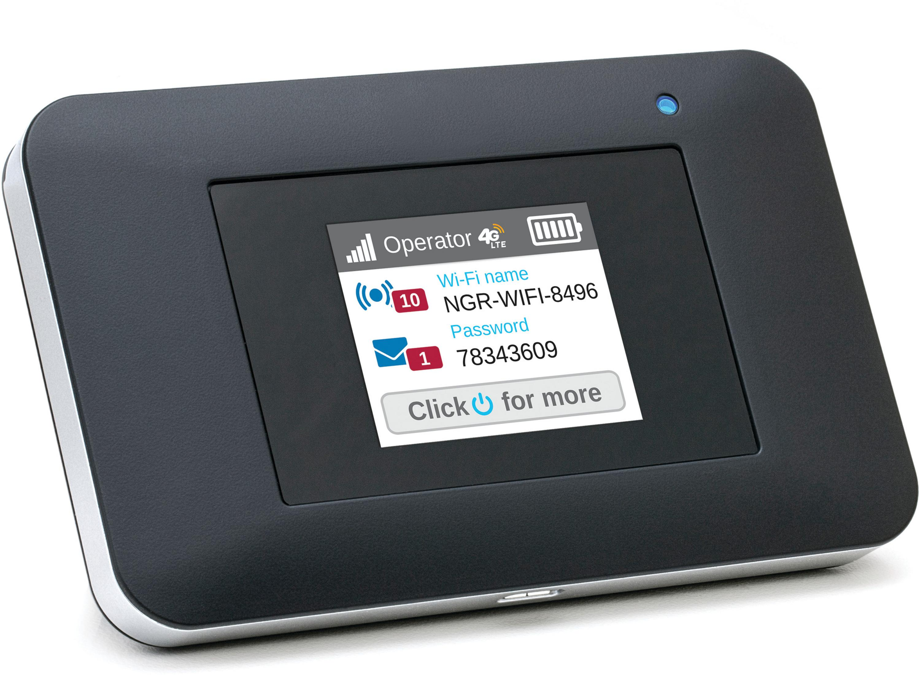 Dispositivo hotspot WiFi mobile nero con schermo che mostra info di rete.