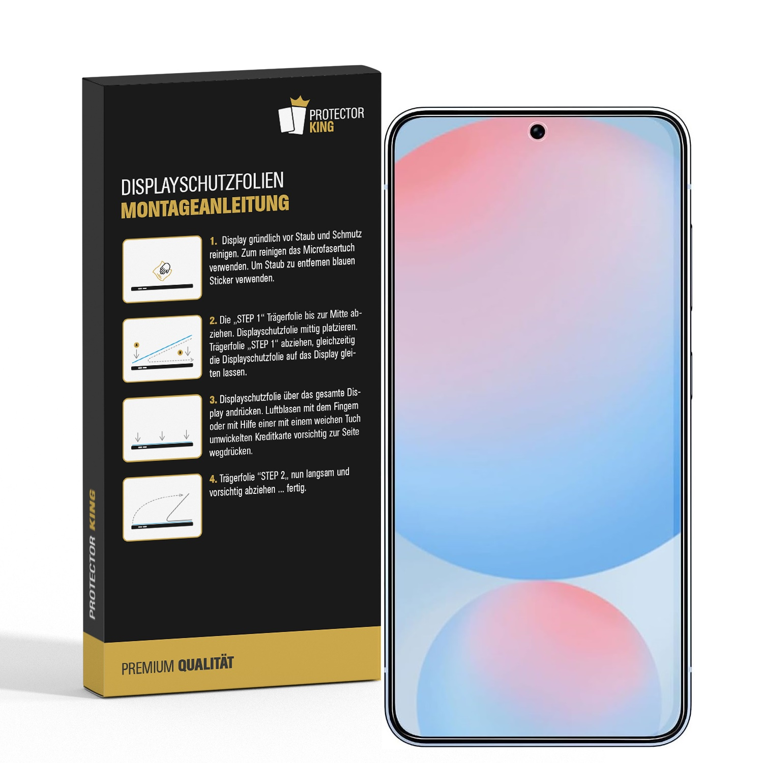 Displayschutzfolien-Box mit Anweisungen und Telefon, mit rosa und blauem Hintergrund.
