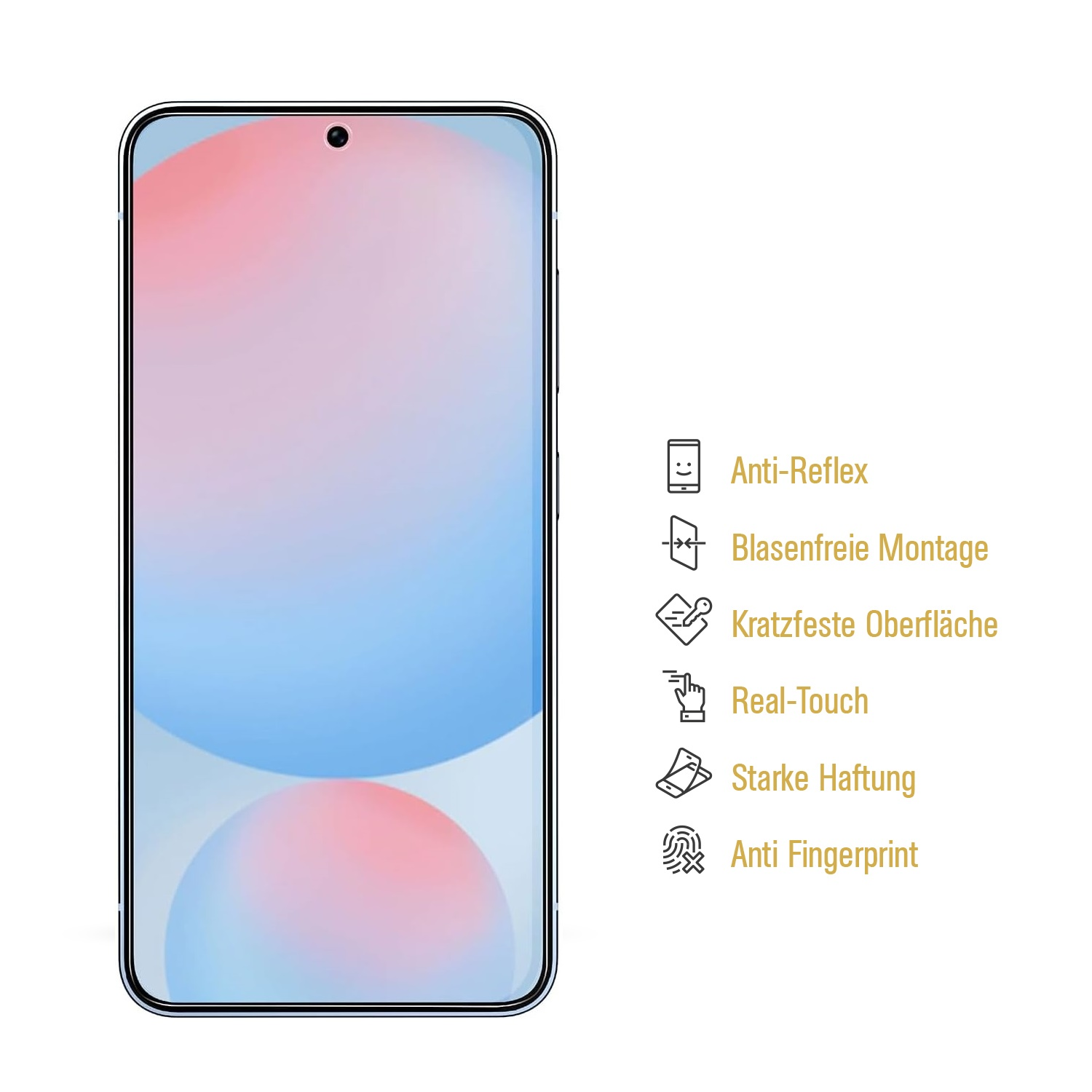 Ein Telefonbildschirm mit farbenfrohem Hintergrund und Symbolen für Entspiegelung, einfache Installation usw.