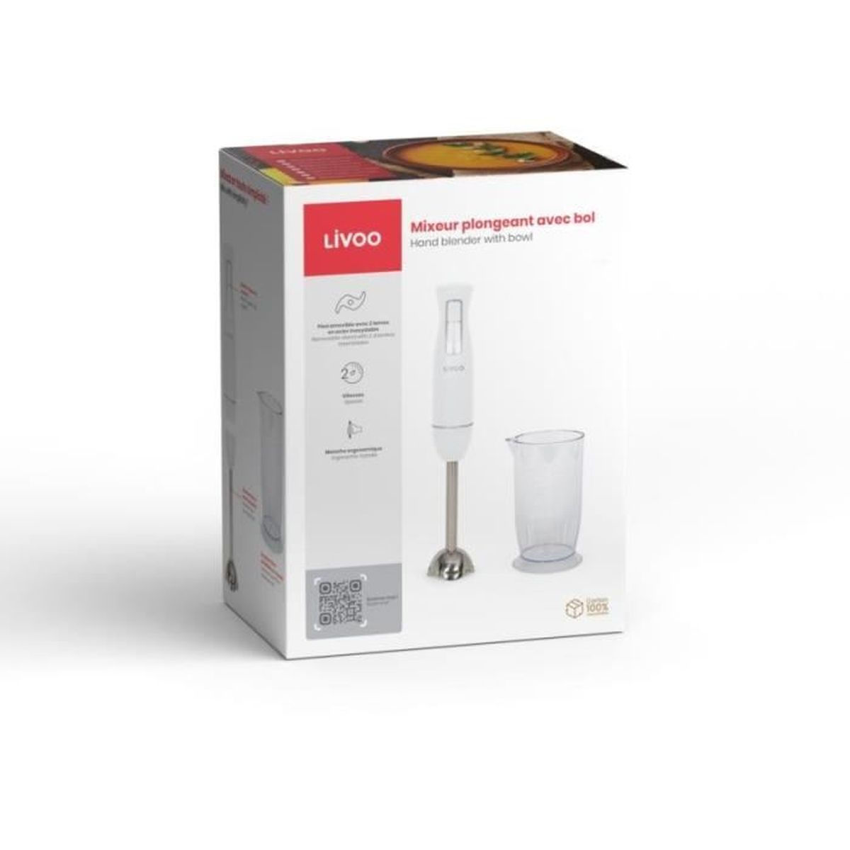 Weiße Handmixer-Box. Mixer, Schüssel und Zubehör sind auf weißem Hintergrund abgebildet.