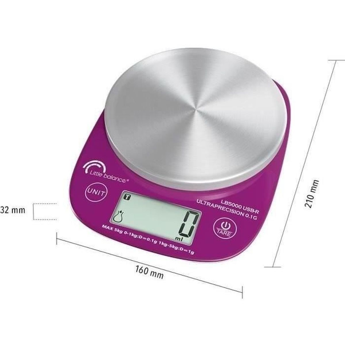 Lila digitale Küchenwaage. Sie hat ein Display mit 0 ml, mit Messungen.