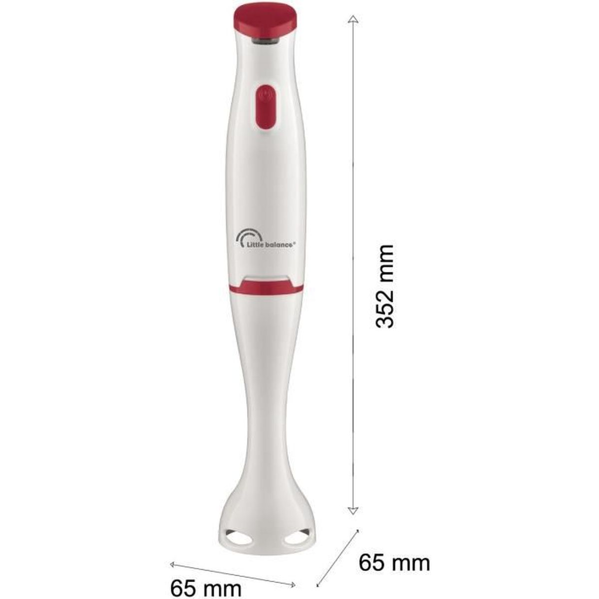 Frullatore a immersione bianco con dimensioni in mm. Pulsante rosso in alto.