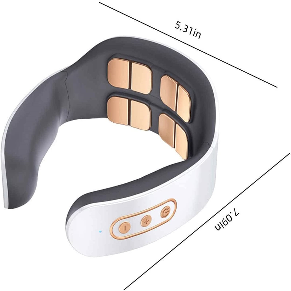 Nackenmassagegerät auf weißem Hintergrund. Hat goldene Pads und Bedientasten.
