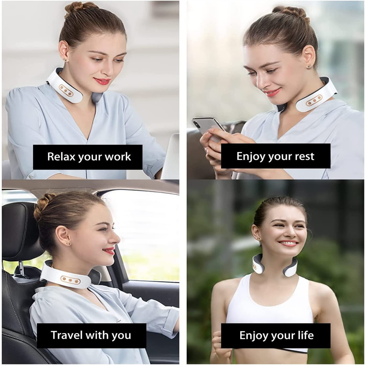 Vier Bilder, die eine Frau zeigen, die ein Nackenmassagegerät in verschiedenen Umgebungen verwendet.