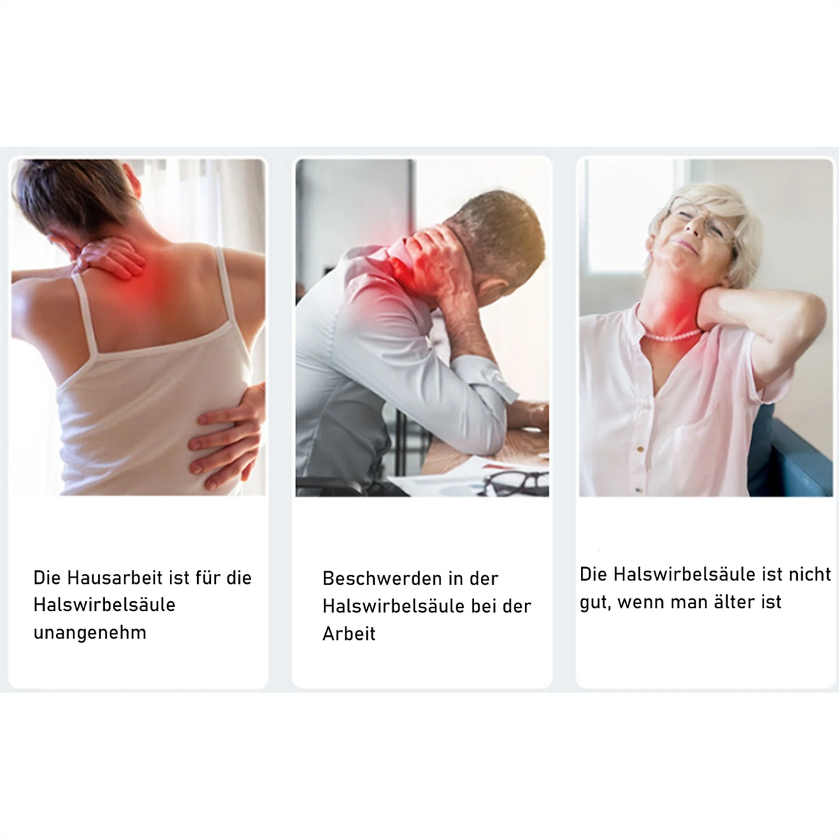 Drei Bilder zeigen Personen mit Nackenschmerzen, mit roter Markierung am Hals.