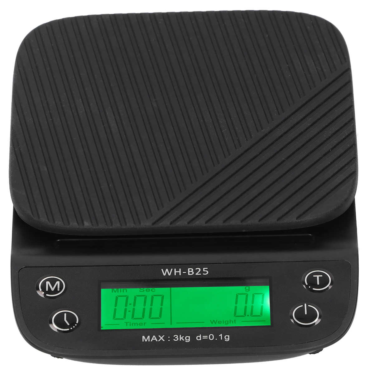 Schwarze Digitalwaage mit grüner Anzeige, die Timer- und Gewichtswerte anzeigt.