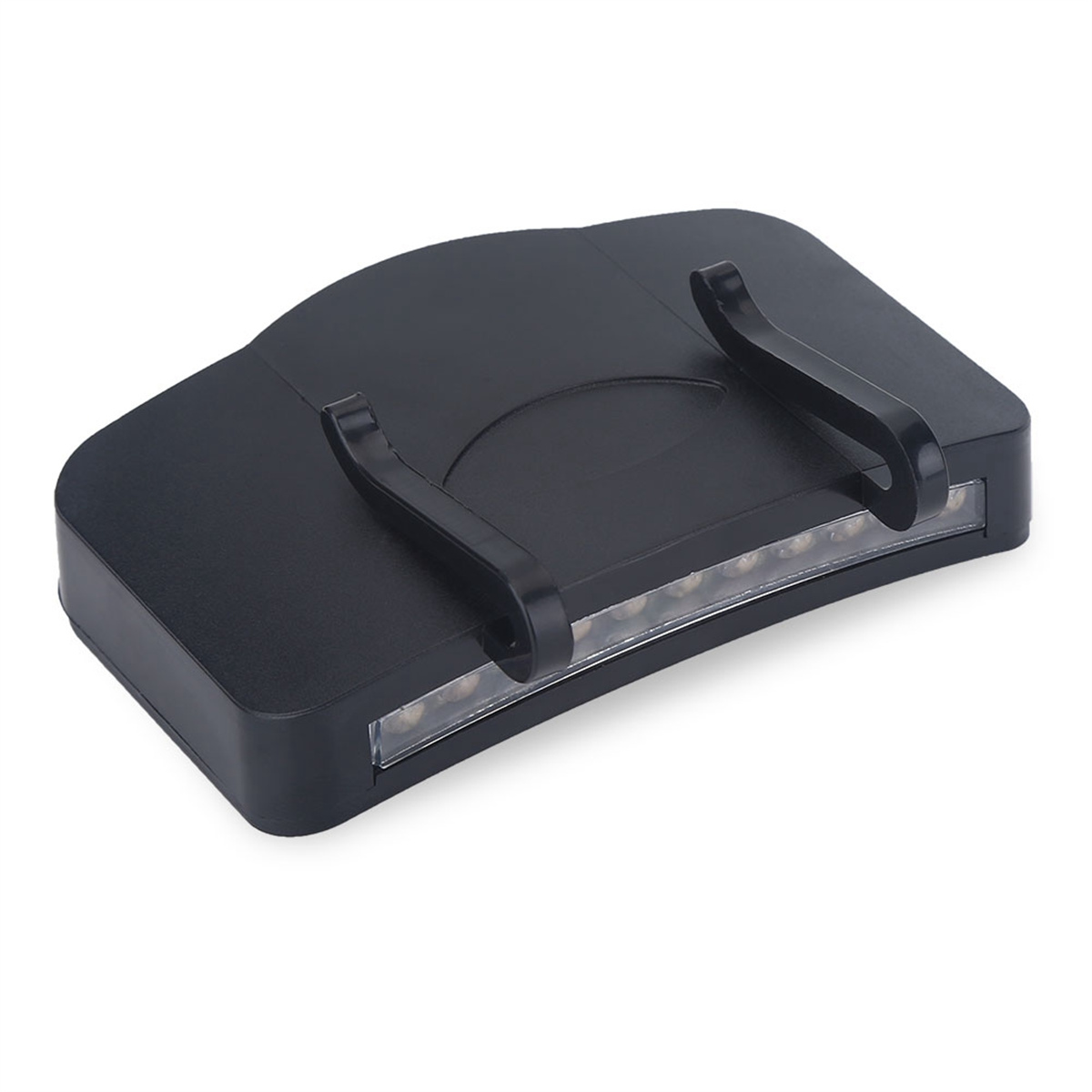 Schwarze Kappe mit angebrachten Lichtern, weißer Hintergrund. Die Kappe hat eine rechteckige Form und zwei schwarze Clips.