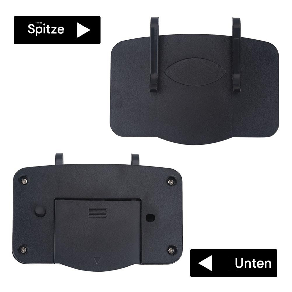 Schwarzes Gerät mit zwei Seiten. Eine mit Knöpfen, die andere mit Batteriefach und Etiketten.